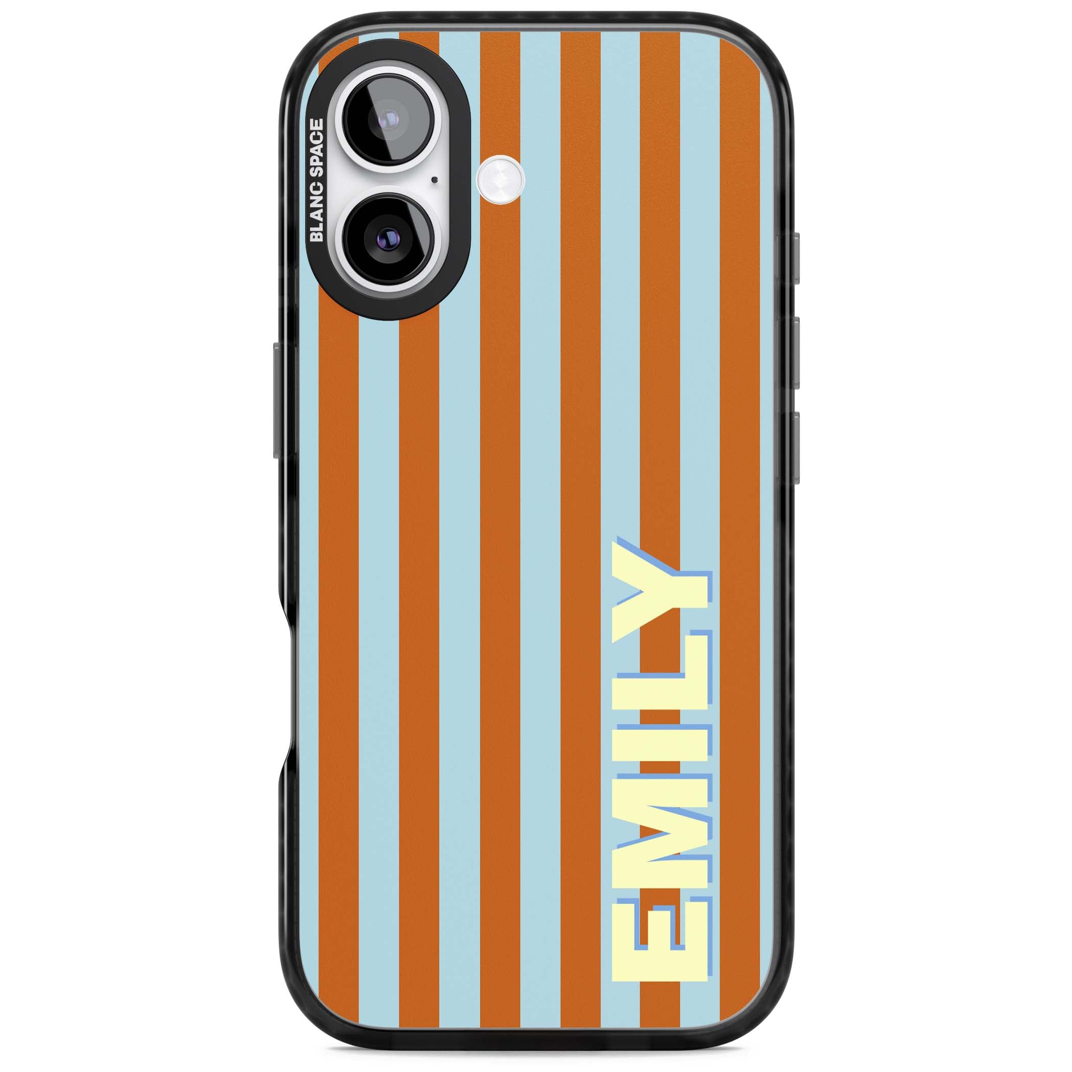 Cappadocia Stripe personalised coastal iPhone case featuring blue and orange vertical stripes with custom cream name | Black Impact Magsafe case for iPhone 17
