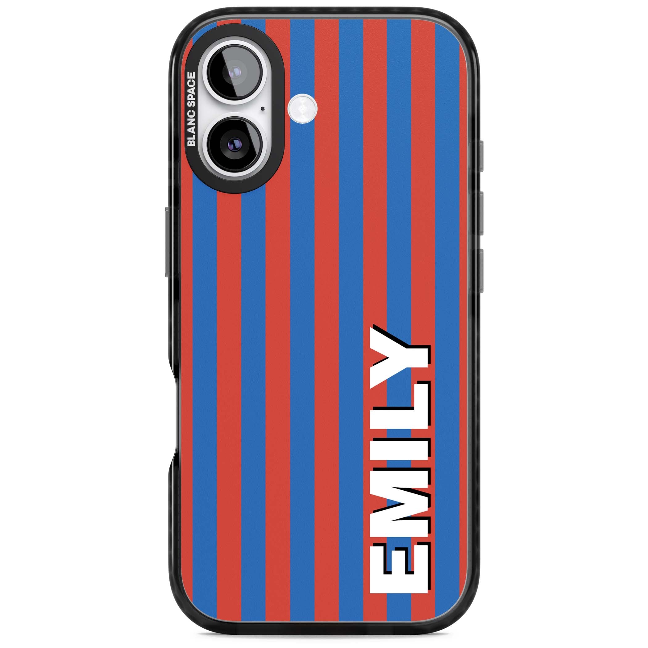 Cuban Stripe personalised iPhone case featuring red and blue vertical stripes with custom name in bold white letters | Black Impact Magsafe case for iPhone 17