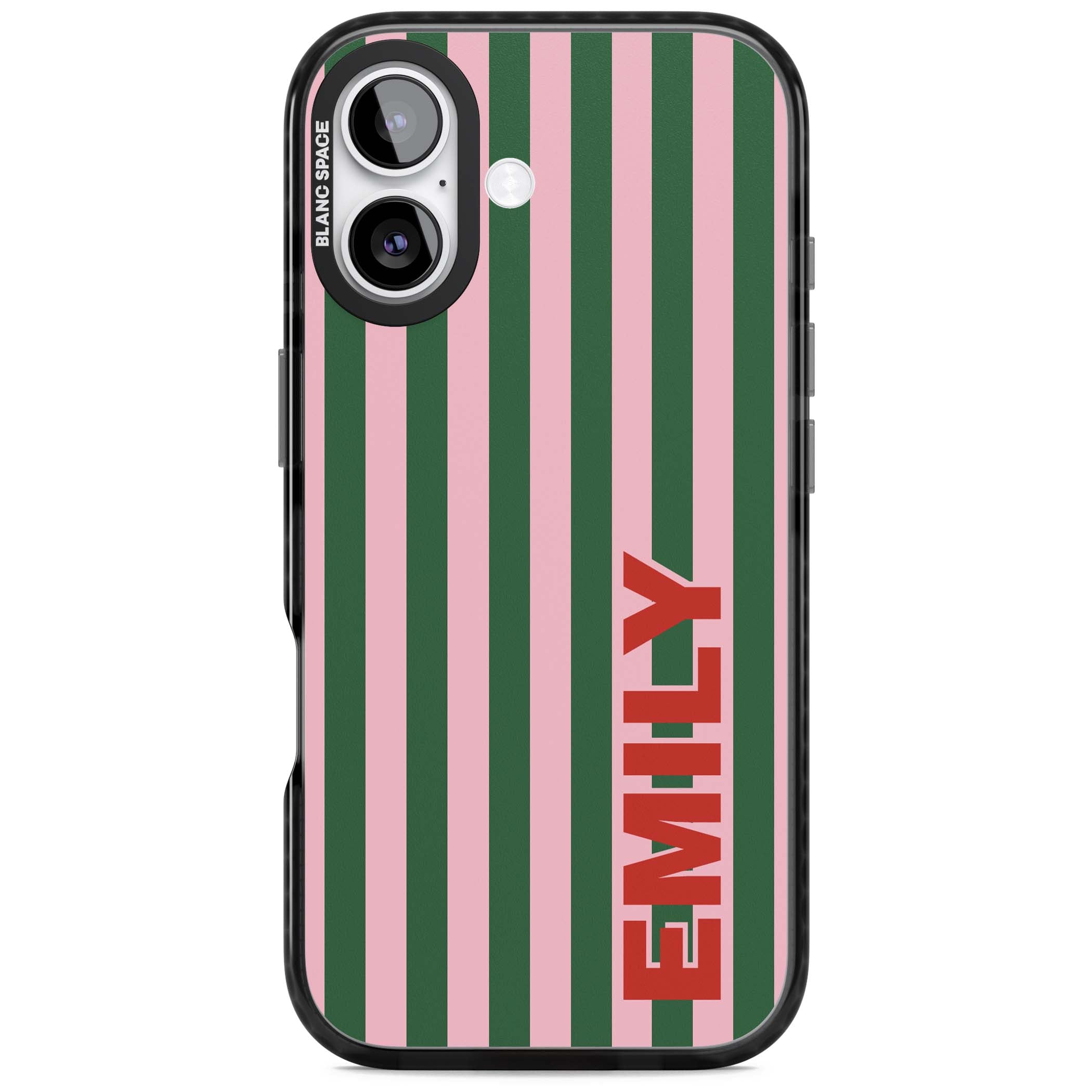 Italian Stripe preppy iPhone case featuring pink and green vertical stripes with personalised red name | Black Impact Magsafe case for iPhone 17