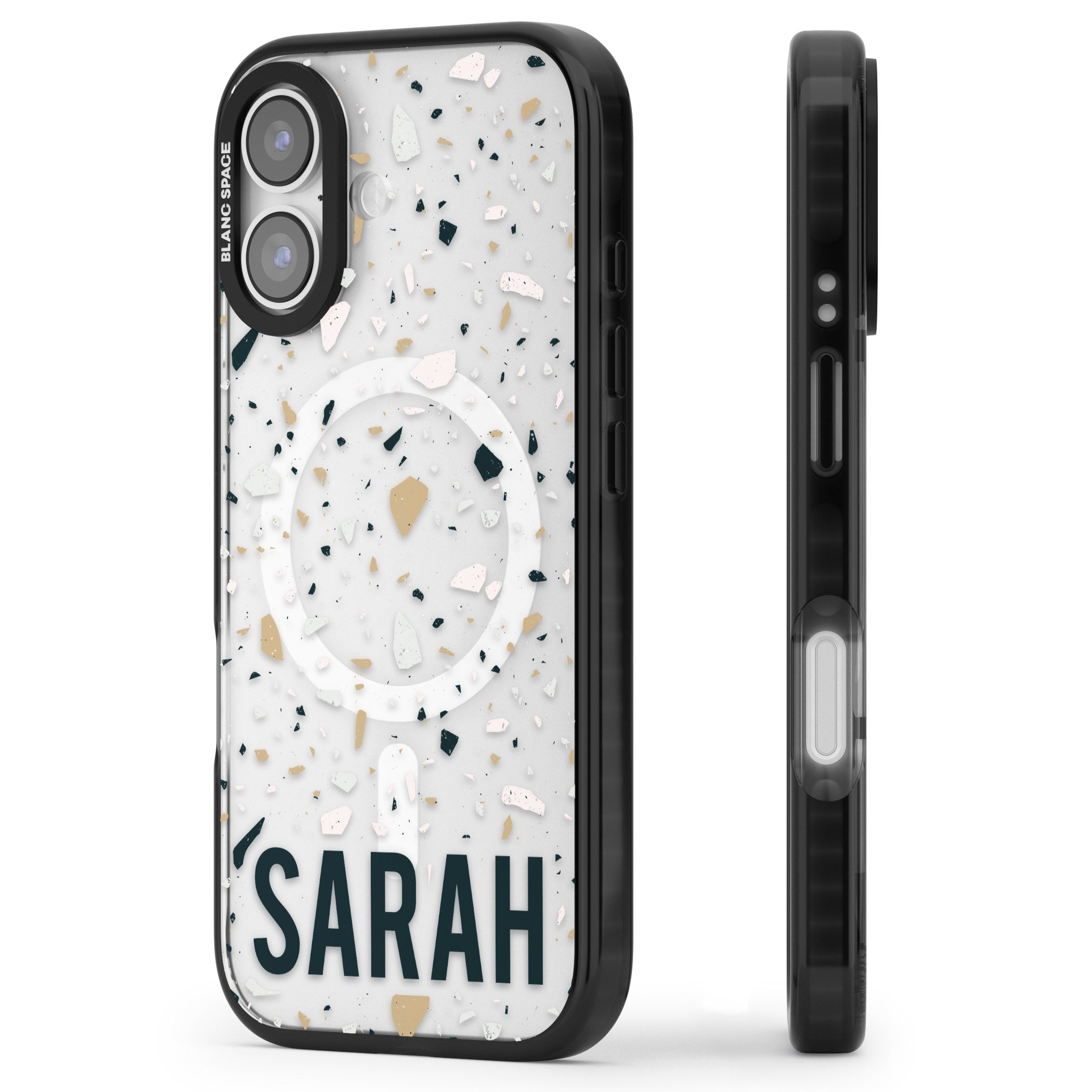 Personalised Terrazzo Blue, Pink, Brown iPhone 17 Impact Pro Black Phone Case Side Profile