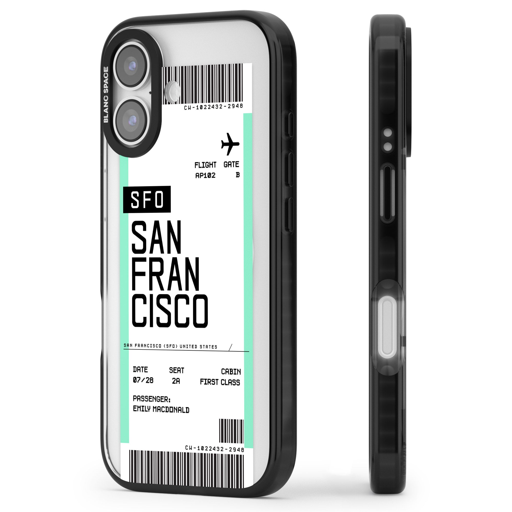 Personalised San Francisco Boarding Pass iPhone 17 Impact Pro Black Phone Case Side Profile