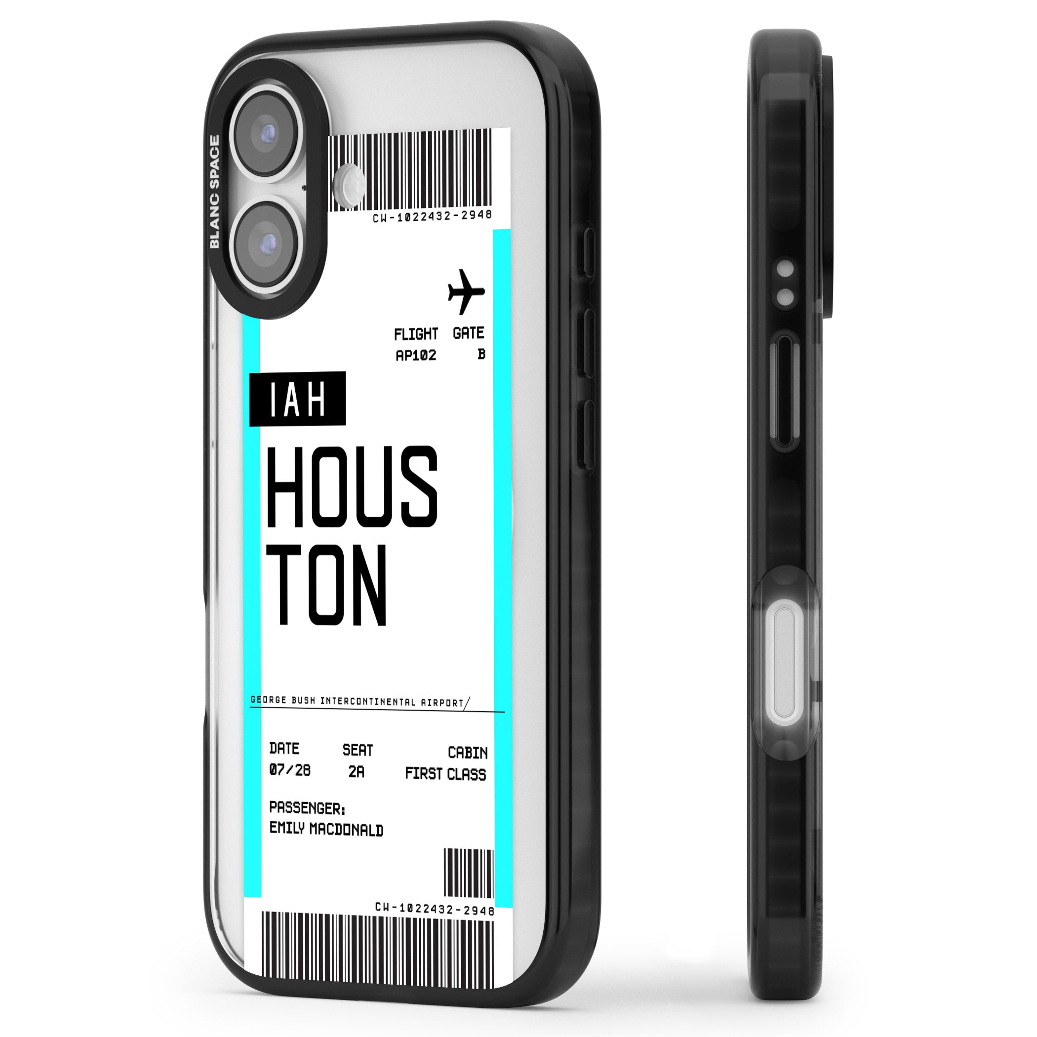 Personalised Houston Boarding Pass iPhone 17 Impact Pro Black Phone Case Side Profile