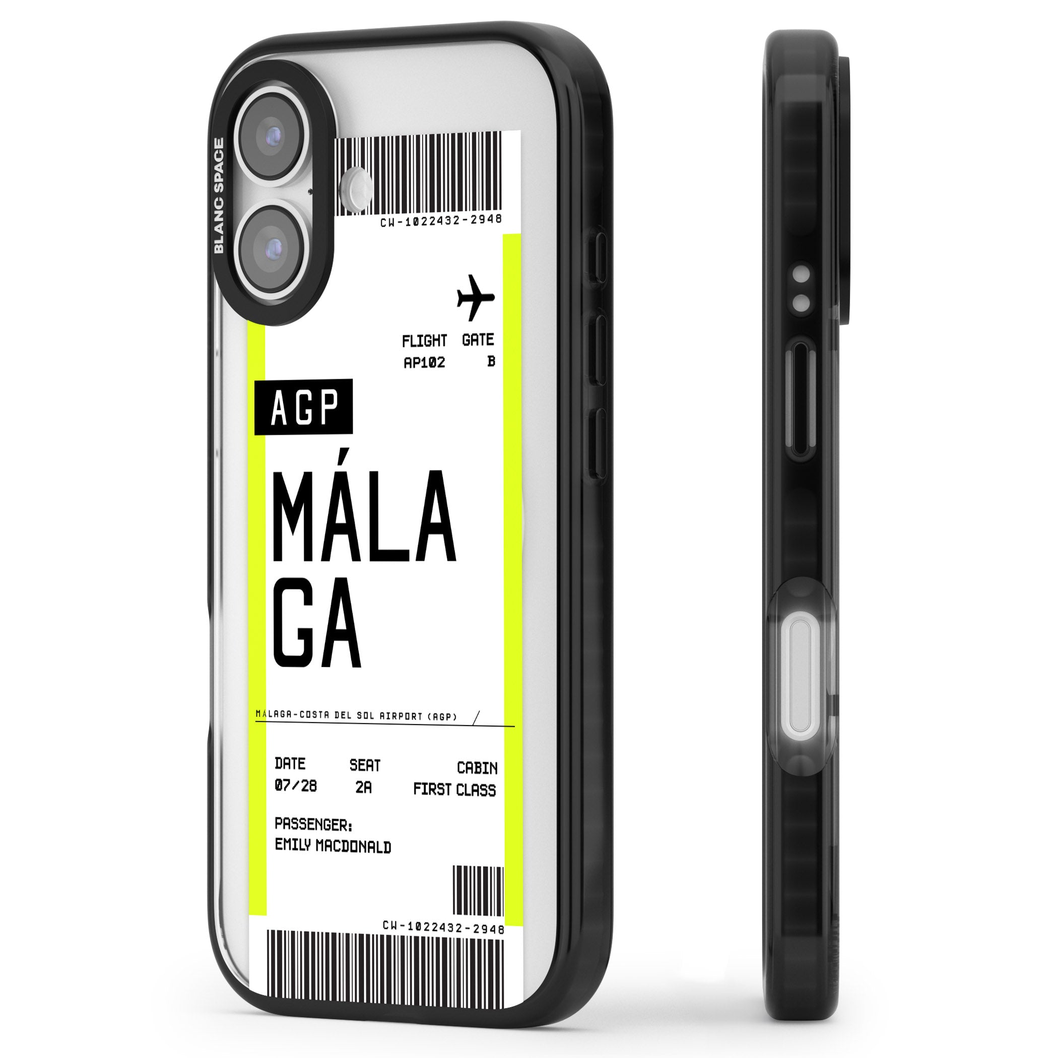 Personalised Málaga Boarding Pass iPhone 17 Impact Pro Black Phone Case Side Profile