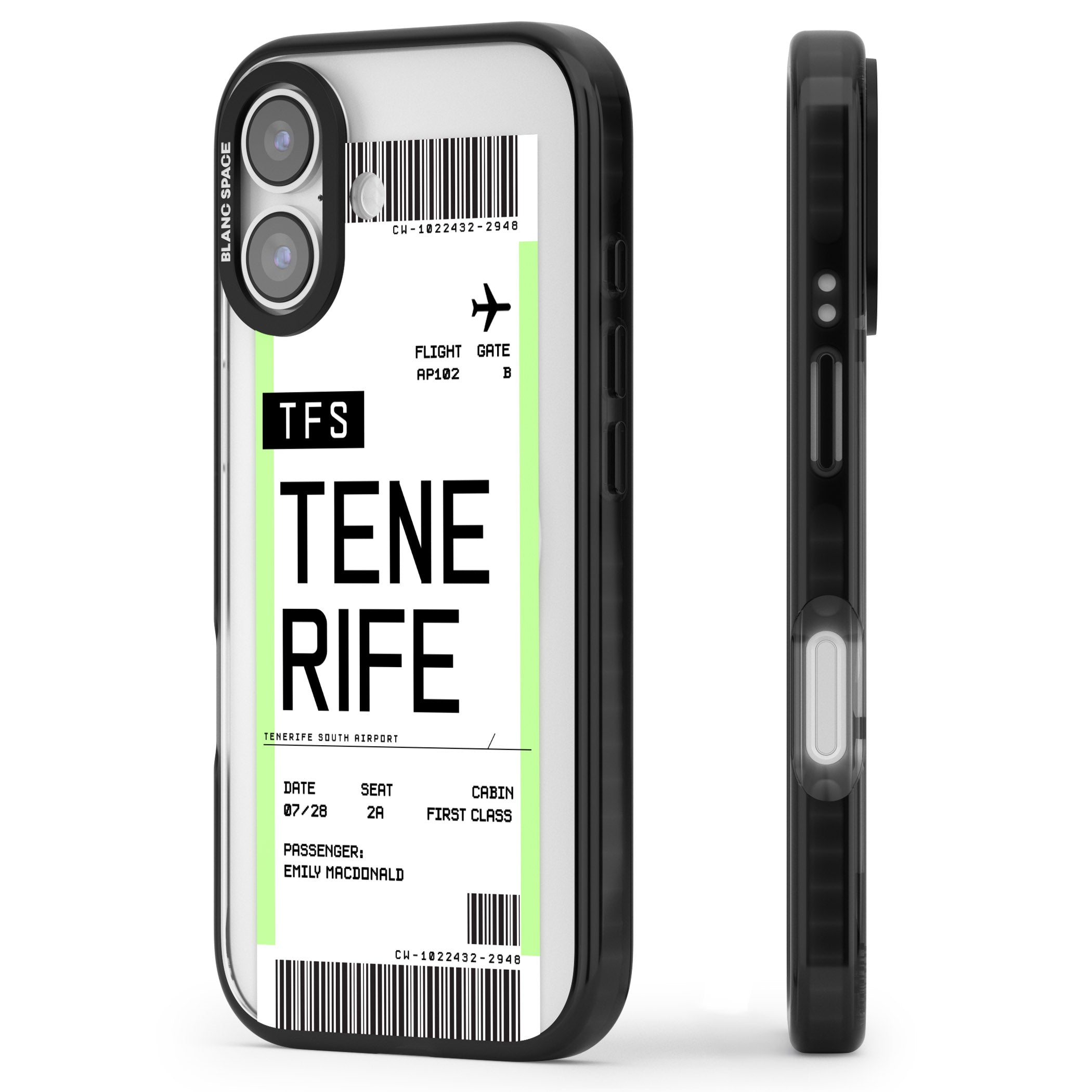 Personalised Tenerife Boarding Pass iPhone 17 Impact Pro Black Phone Case Side Profile