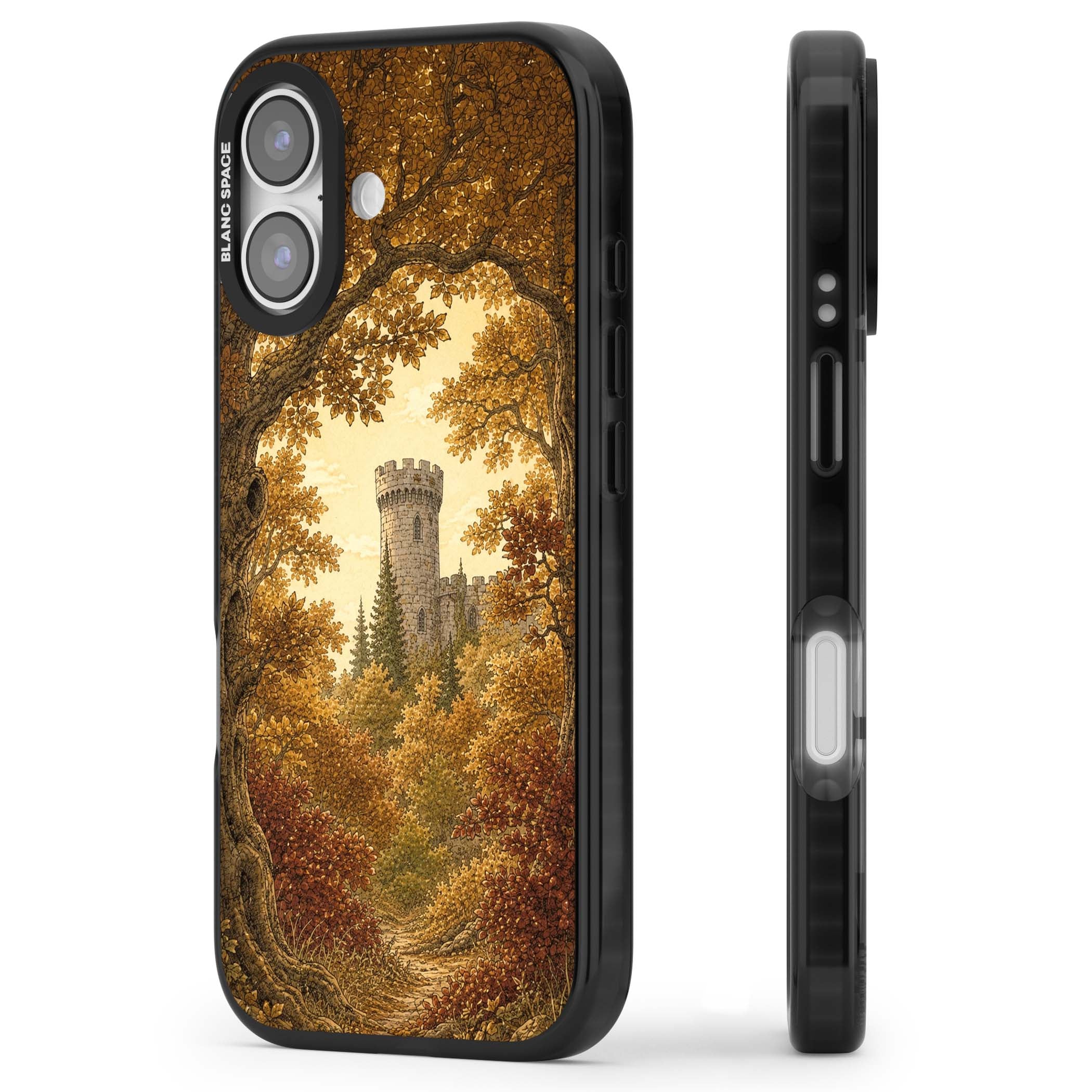 Autumn Keep cottagecore iPhone case featuring a medieval castle tower framed by golden autumn trees and woodland foliage | Black Impact Magsafe case for iPhone 17