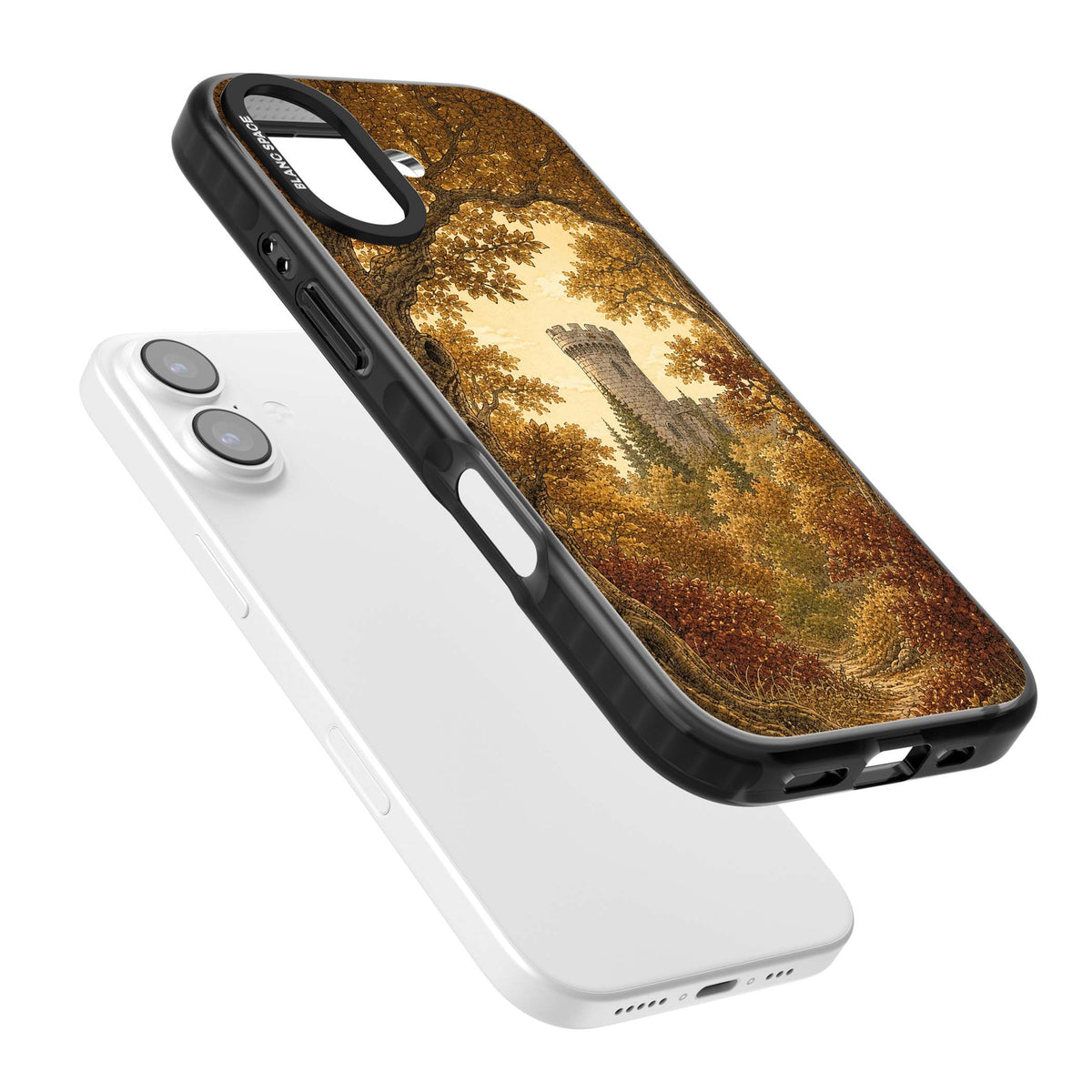 Autumn Keep cottagecore iPhone case featuring a medieval castle tower framed by golden autumn trees and woodland foliage | Black Impact Magsafe case for iPhone 17