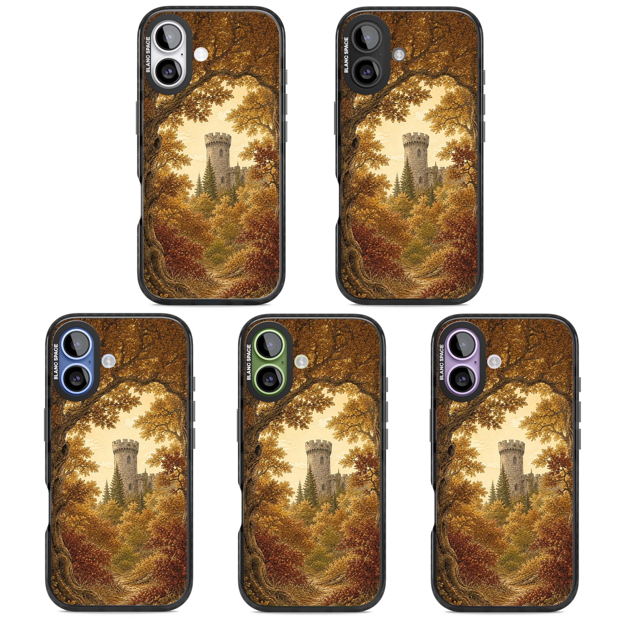 Autumn Keep cottagecore iPhone case featuring a medieval castle tower framed by golden autumn trees and woodland foliage | Black Impact Magsafe case for iPhone 17