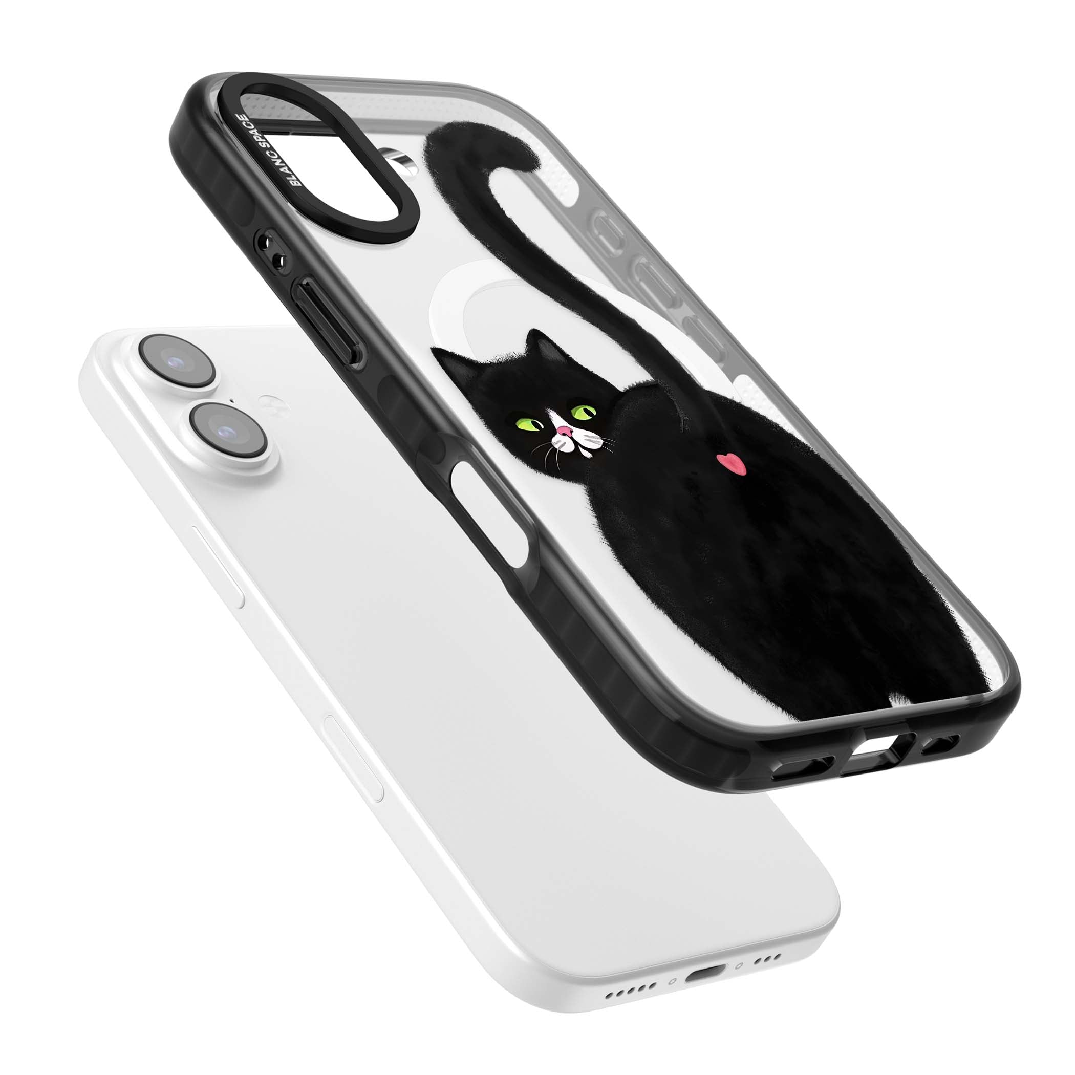 The Cat's Kiss cute cat iPhone case featuring a hand-painted tuxedo kitty with green eyes and a pink heart on a clear  | Black Impact Magsafe case for iPhone 17