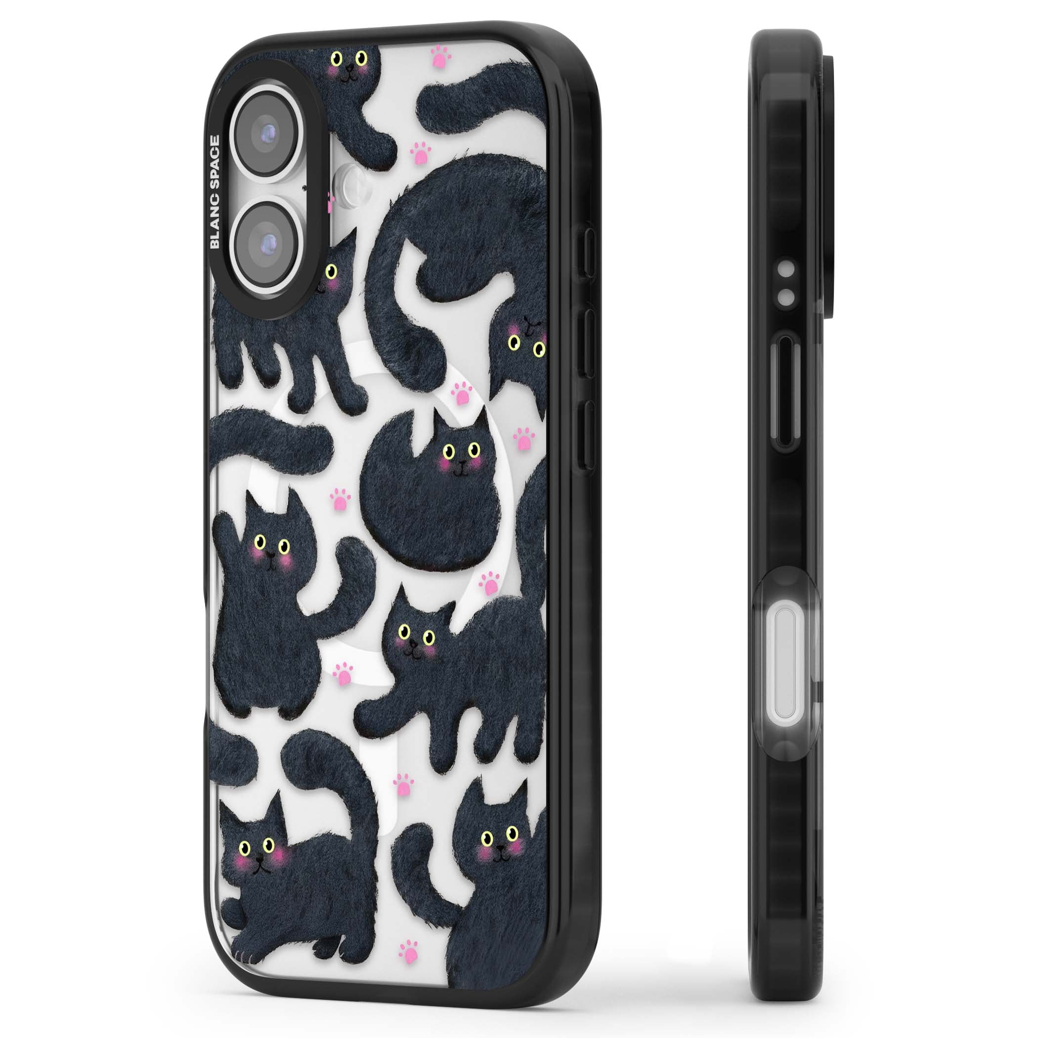 Midnight Cats cute iPhone case featuring black cat pattern with yellow eyes and pink paw prints | Black Impact Magsafe case for iPhone 17