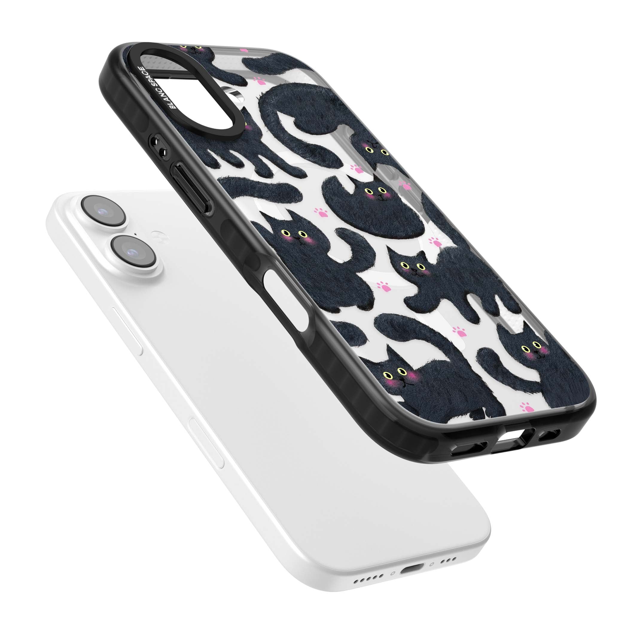Midnight Cats cute iPhone case featuring black cat pattern with yellow eyes and pink paw prints | Black Impact Magsafe case for iPhone 17