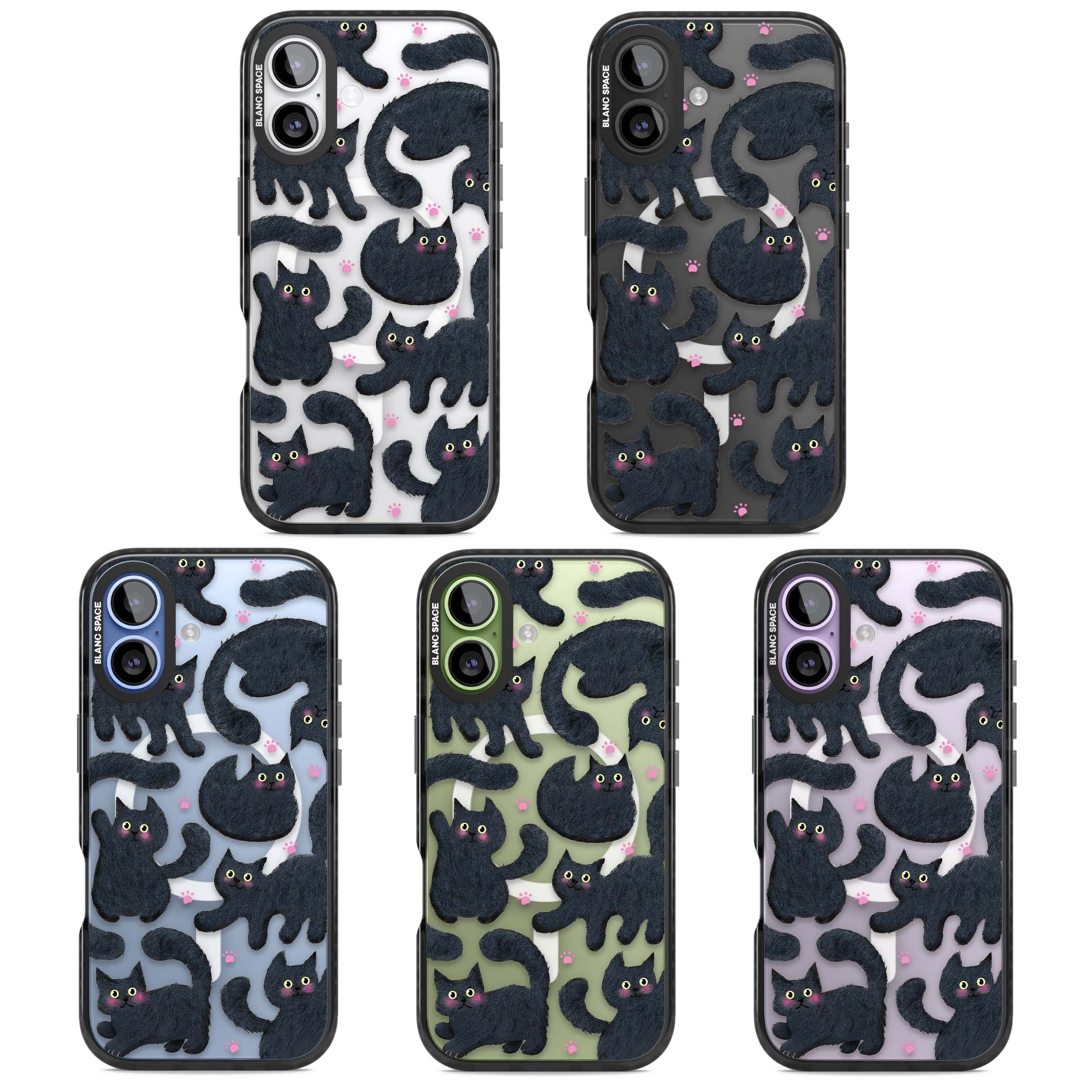 Midnight Cats cute iPhone case featuring black cat pattern with yellow eyes and pink paw prints | Black Impact Magsafe case for iPhone 17
