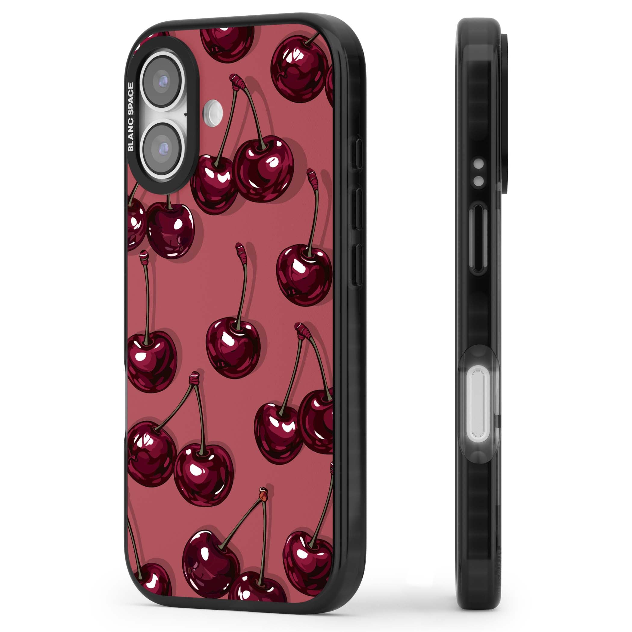 Cherry Rebel coquette iPhone case featuring glossy burgundy cherries on a dusty rose background | Black Impact Magsafe case for iPhone 17