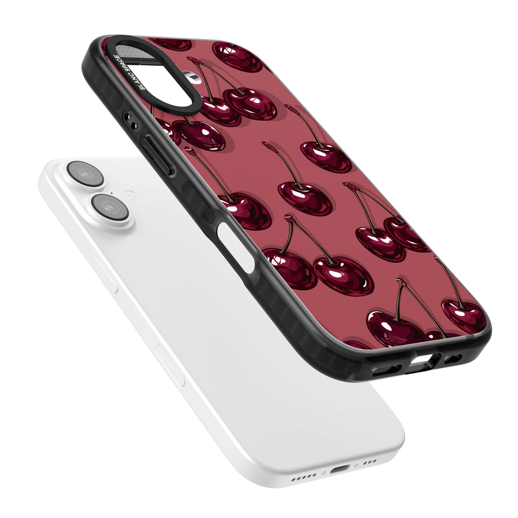 Cherry Rebel coquette iPhone case featuring glossy burgundy cherries on a dusty rose background | Black Impact Magsafe case for iPhone 17