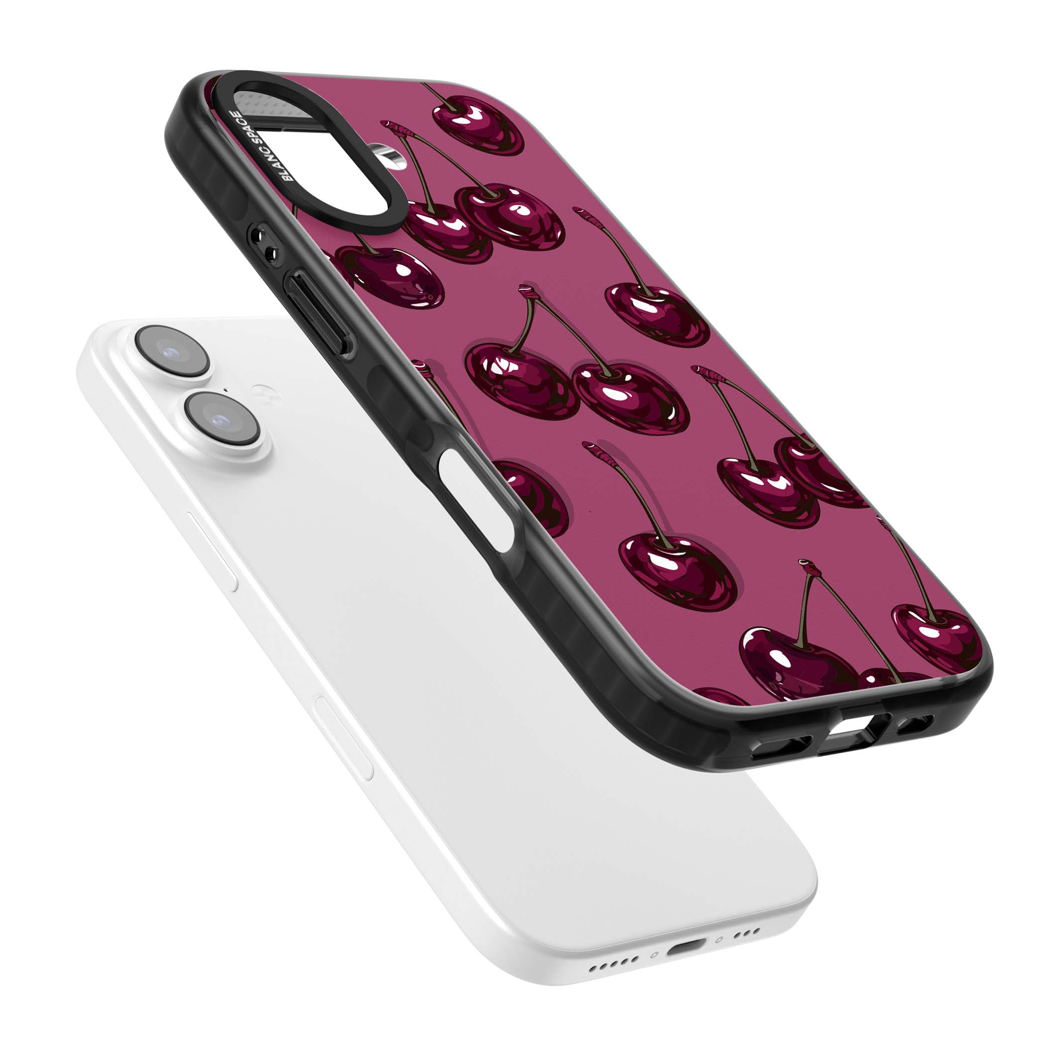 Cherry Soda coquette iPhone case featuring glossy burgundy cherries on a dusty pink background | Black Impact Magsafe case for iPhone 17
