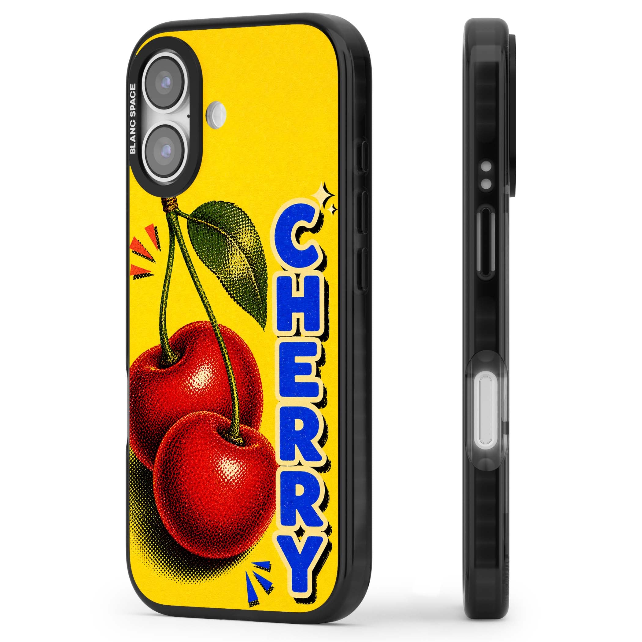 Cherry Yellow y2k iPhone case featuring two red cherries, halftone shading and bold blue CHERRY lettering on yellow | Black Impact Magsafe case for iPhone 17