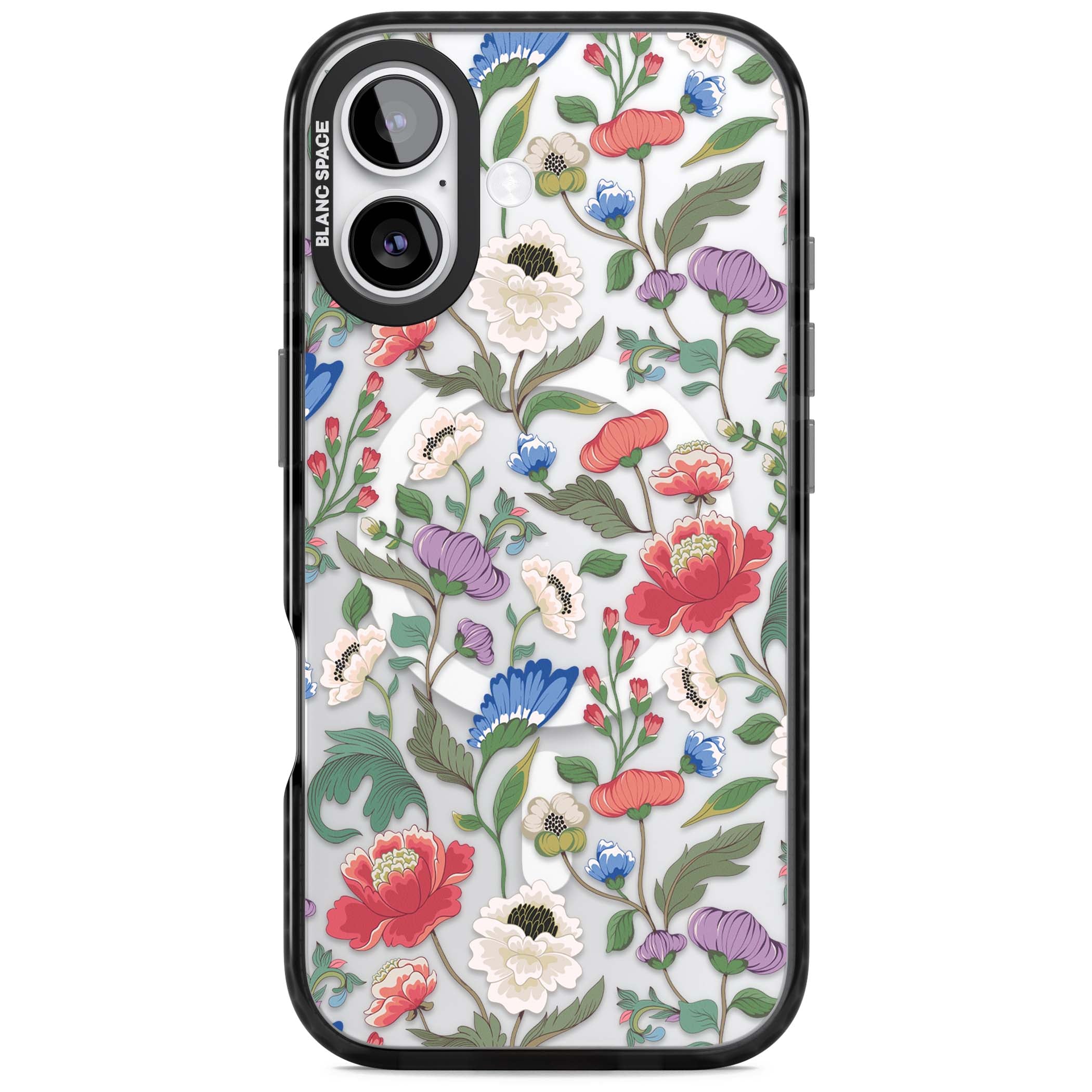 Chinoiserie Bloom vintage floral iPhone case featuring hand-painted peonies, poppies and trailing wildflowers on clear... | Black Impact Magsafe case for iPhone 17