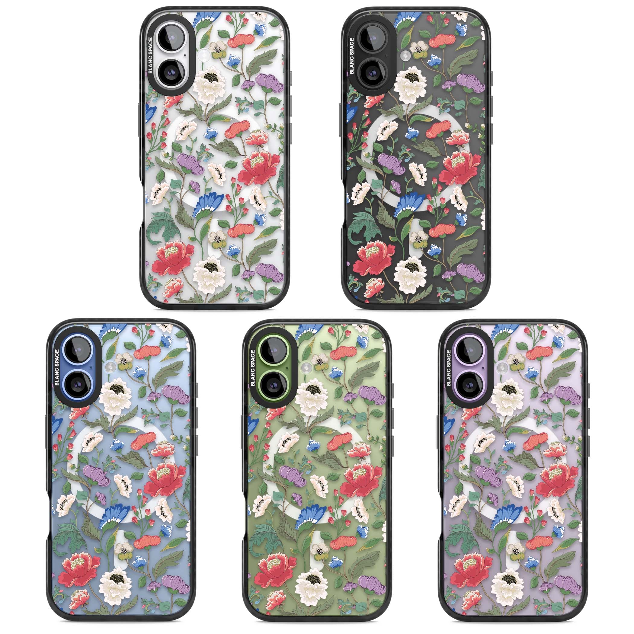 Chinoiserie Bloom vintage floral iPhone case featuring hand-painted peonies, poppies and trailing wildflowers on clear... | Black Impact Magsafe case for iPhone 17