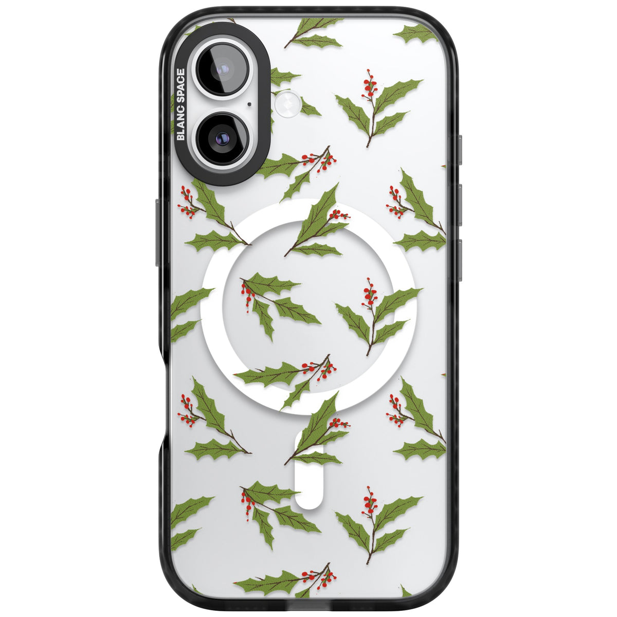 Christmas Holly Pattern iPhone 16 / iPhone 16 Plus / iPhone 17 Impact Pro Black Phone Case front