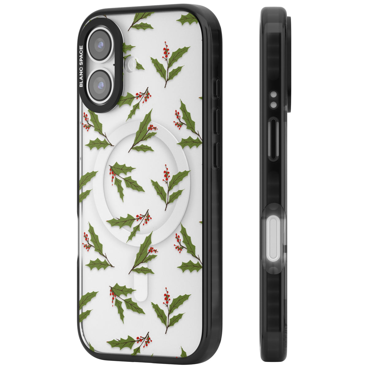Christmas Holly Pattern iPhone 16 / iPhone 16 Plus / iPhone 17 Impact Pro Black Phone Case side