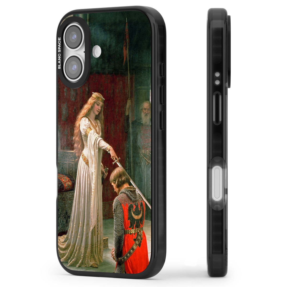 The Accolade renaissance art iPhone case featuring Edmund Blair Leighton's painting of a queen knighting a kneeling knight | Black Impact Magsafe case for iPhone 17