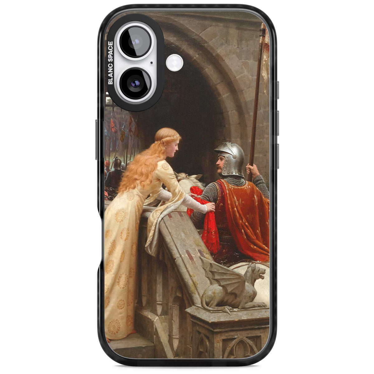 God Speed fine art iPhone case featuring Edmund Blair Leighton's medieval knight and lady beneath a stone archway | Black Impact Magsafe case for iPhone 17