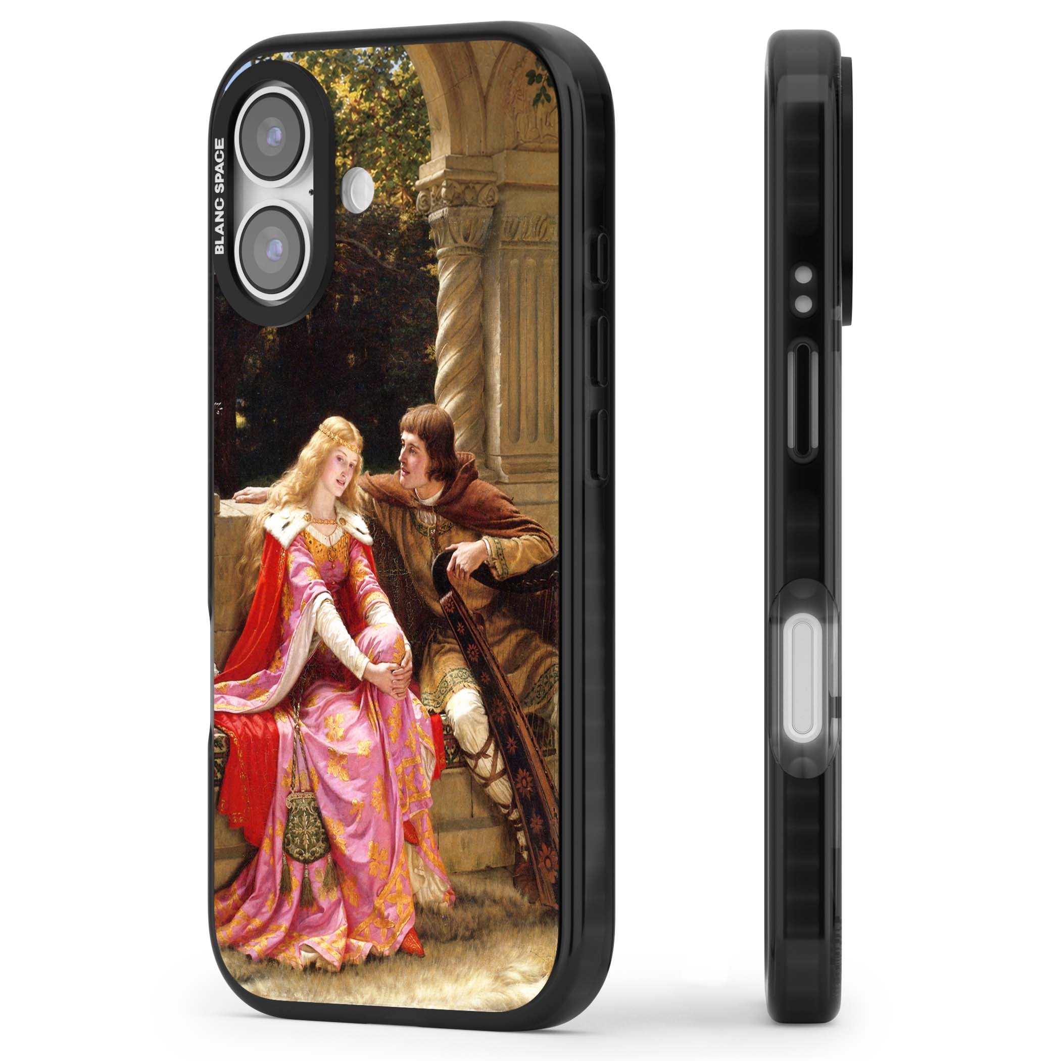 The End of the Song classic art iPhone case featuring a medieval lady in pink gown and her knight in a stone archway | Black Impact Magsafe case for iPhone 17