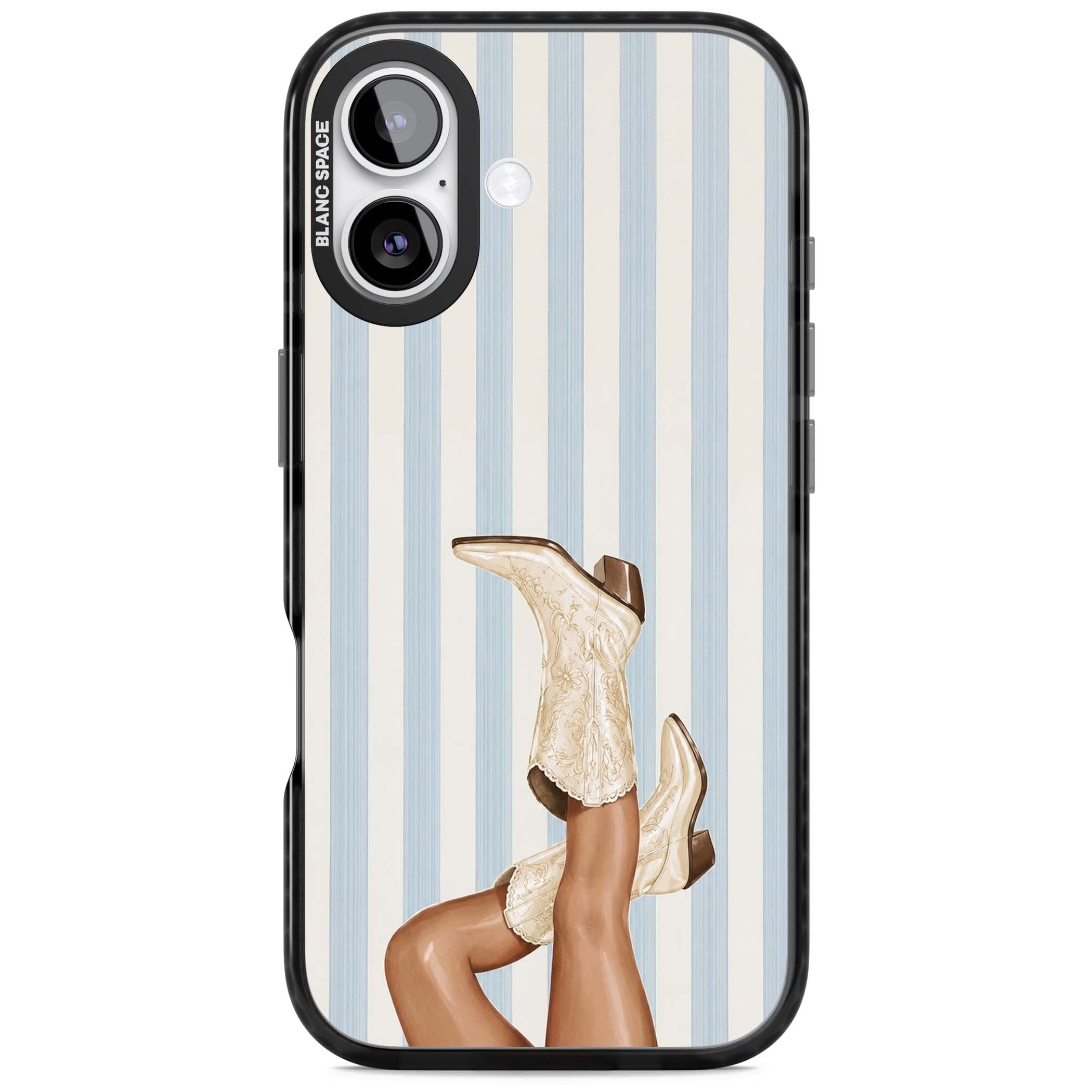 Cowgirl Boots coastal cowgirl iPhone case featuring embroidered western boots, tanned legs and a blue stripe backdrop | Black Impact Magsafe case for iPhone 17