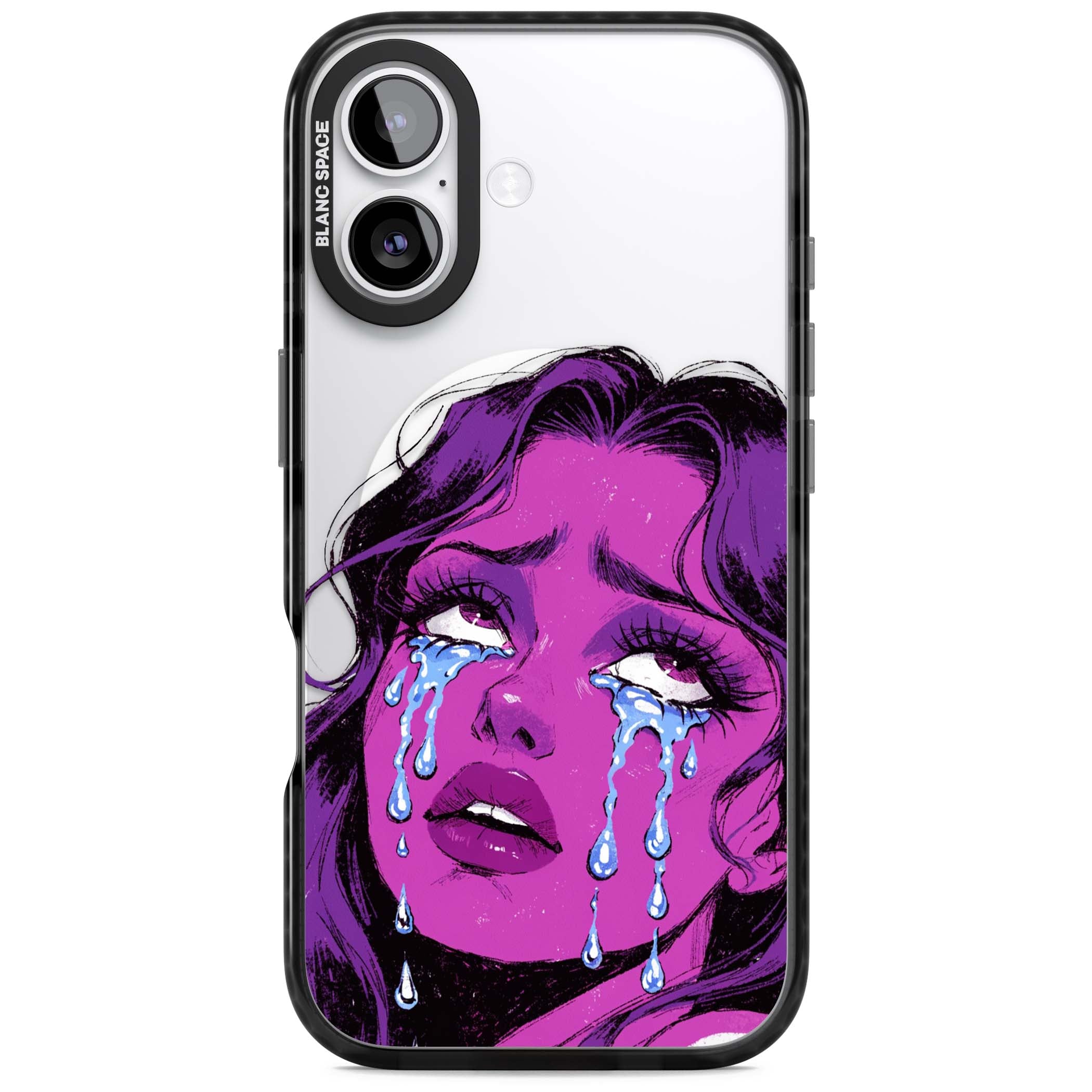 Drama Queen pop art iPhone case featuring a purple crying comic girl with blue tears | Black Impact Magsafe case for iPhone 17
