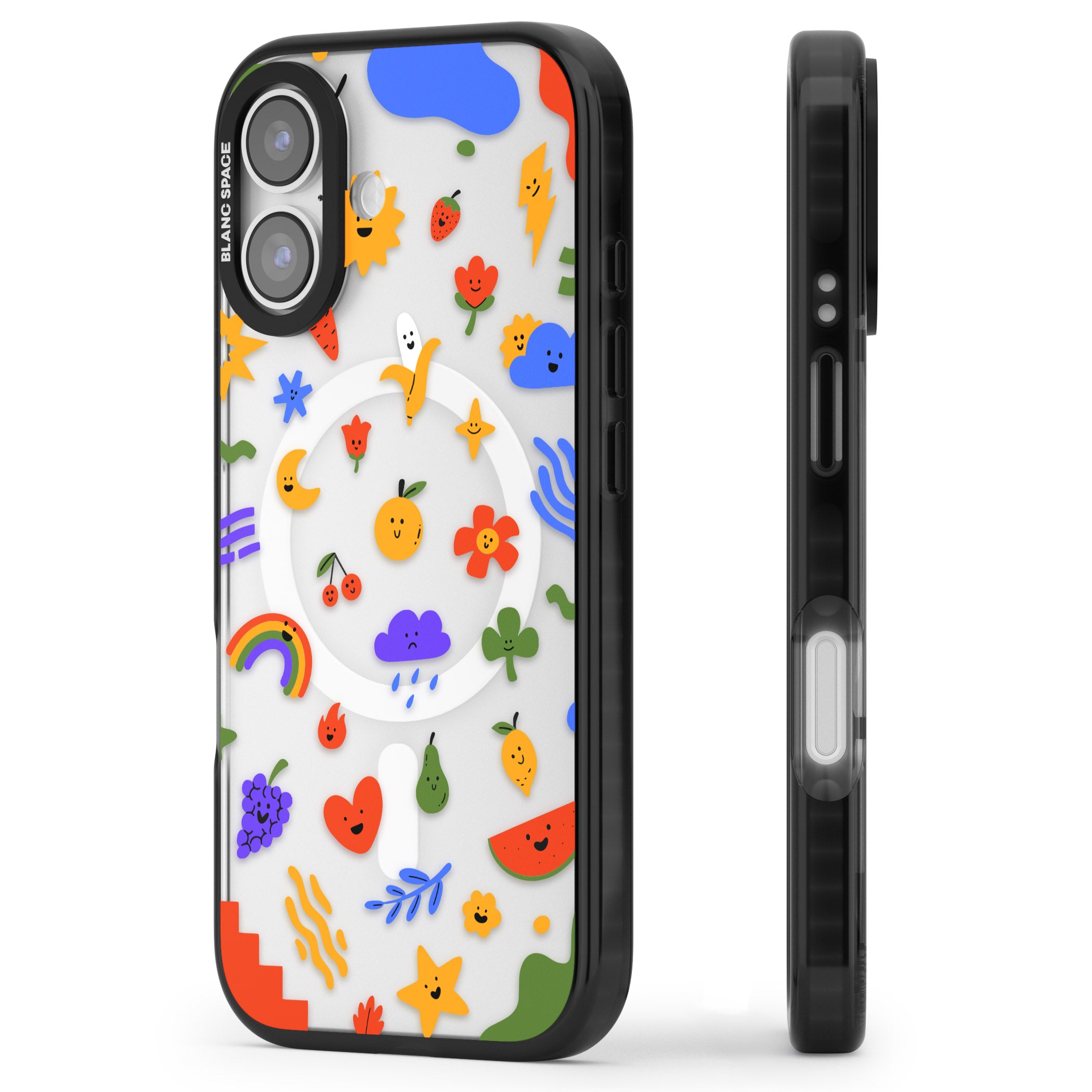 Quirky Cute Icon Pattern iPhone 17 Impact Pro Black Phone Case Side Profile