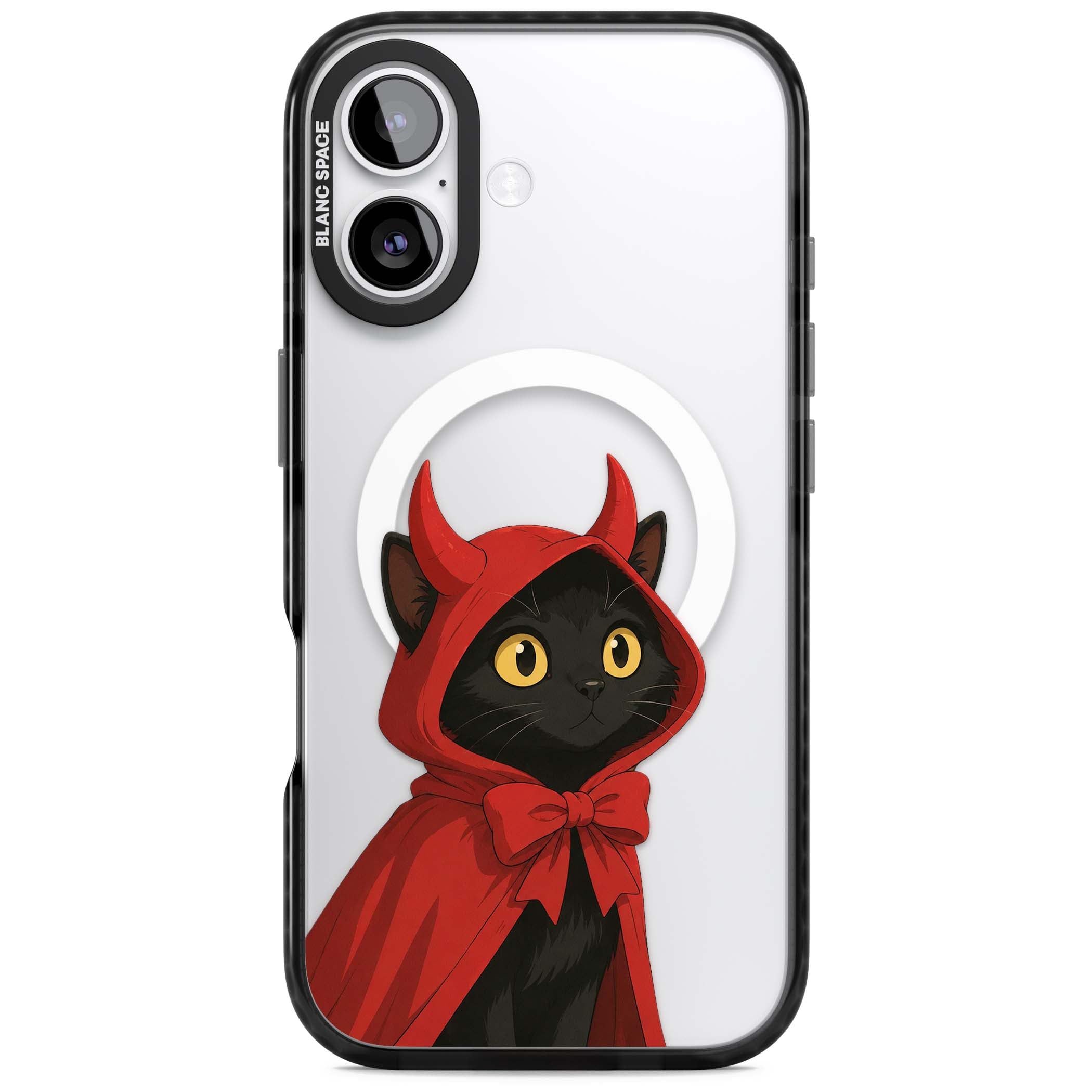 Little Devil halloween iPhone case featuring a black cat in a red hooded devil cloak with horns and golden eyes | Black Impact Magsafe case for iPhone 17