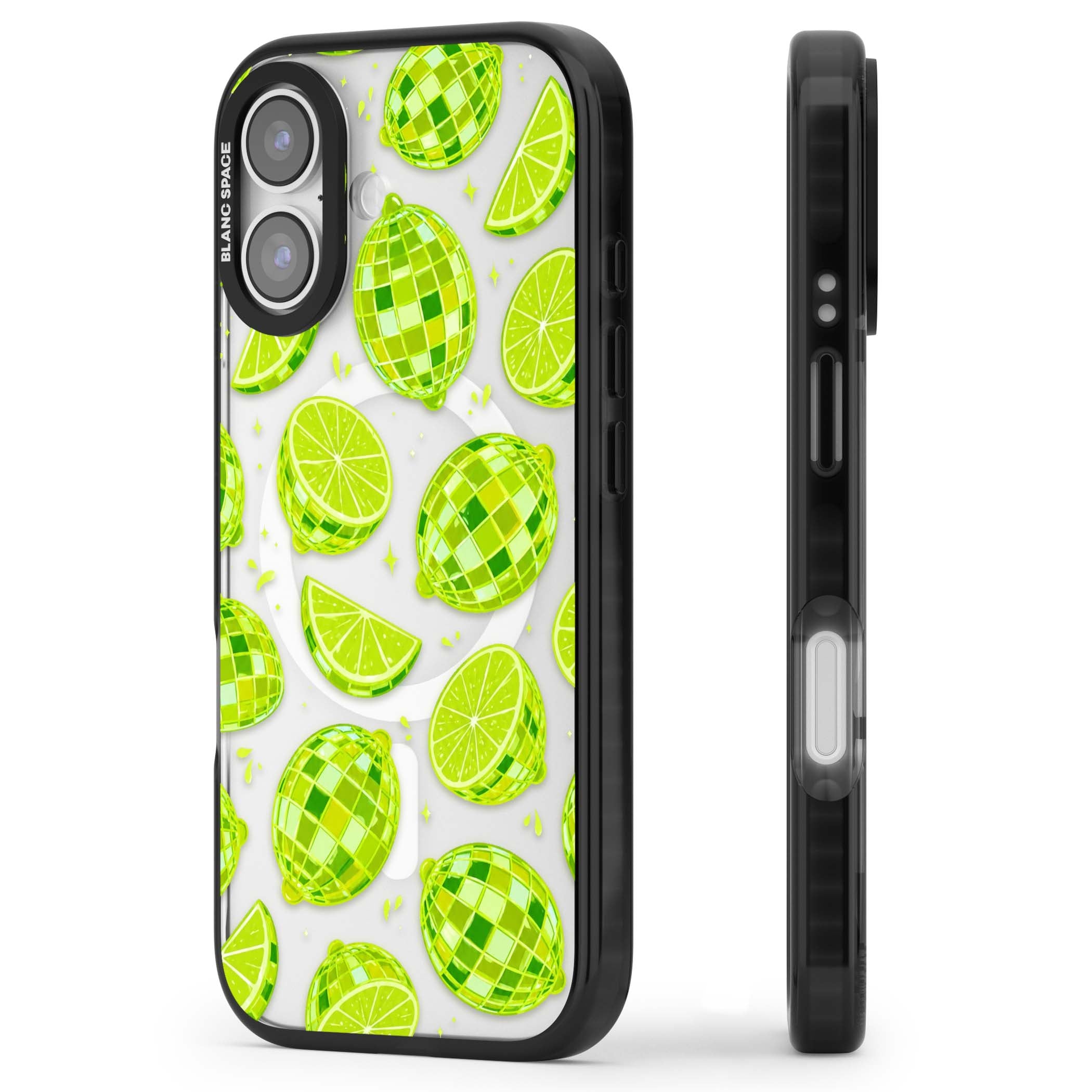 Disco Limes fruit aesthetic iPhone case featuring green disco balls, lime slices and citrus sparkles | Black Impact Magsafe case for iPhone 17
