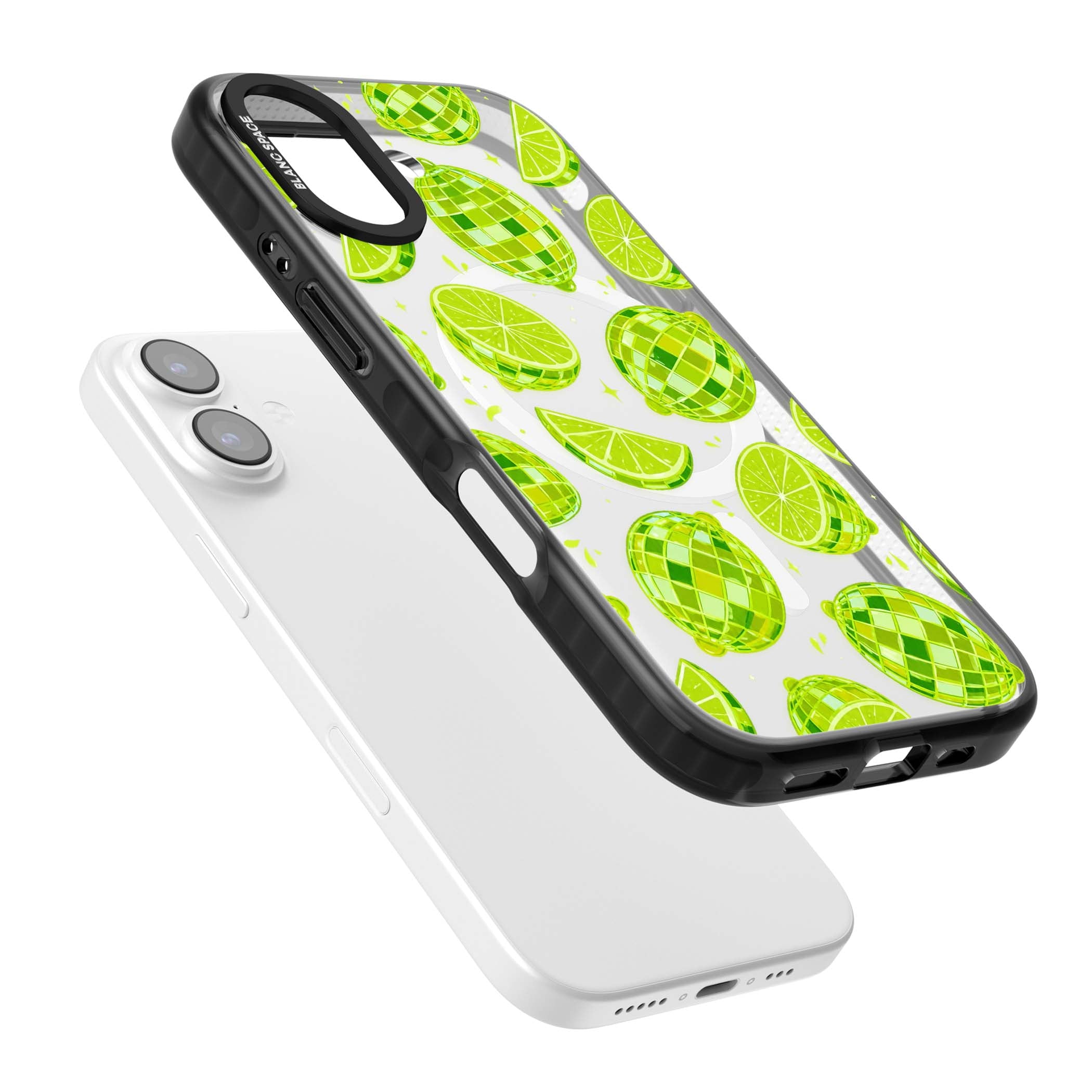 Disco Limes fruit aesthetic iPhone case featuring green disco balls, lime slices and citrus sparkles | Black Impact Magsafe case for iPhone 17