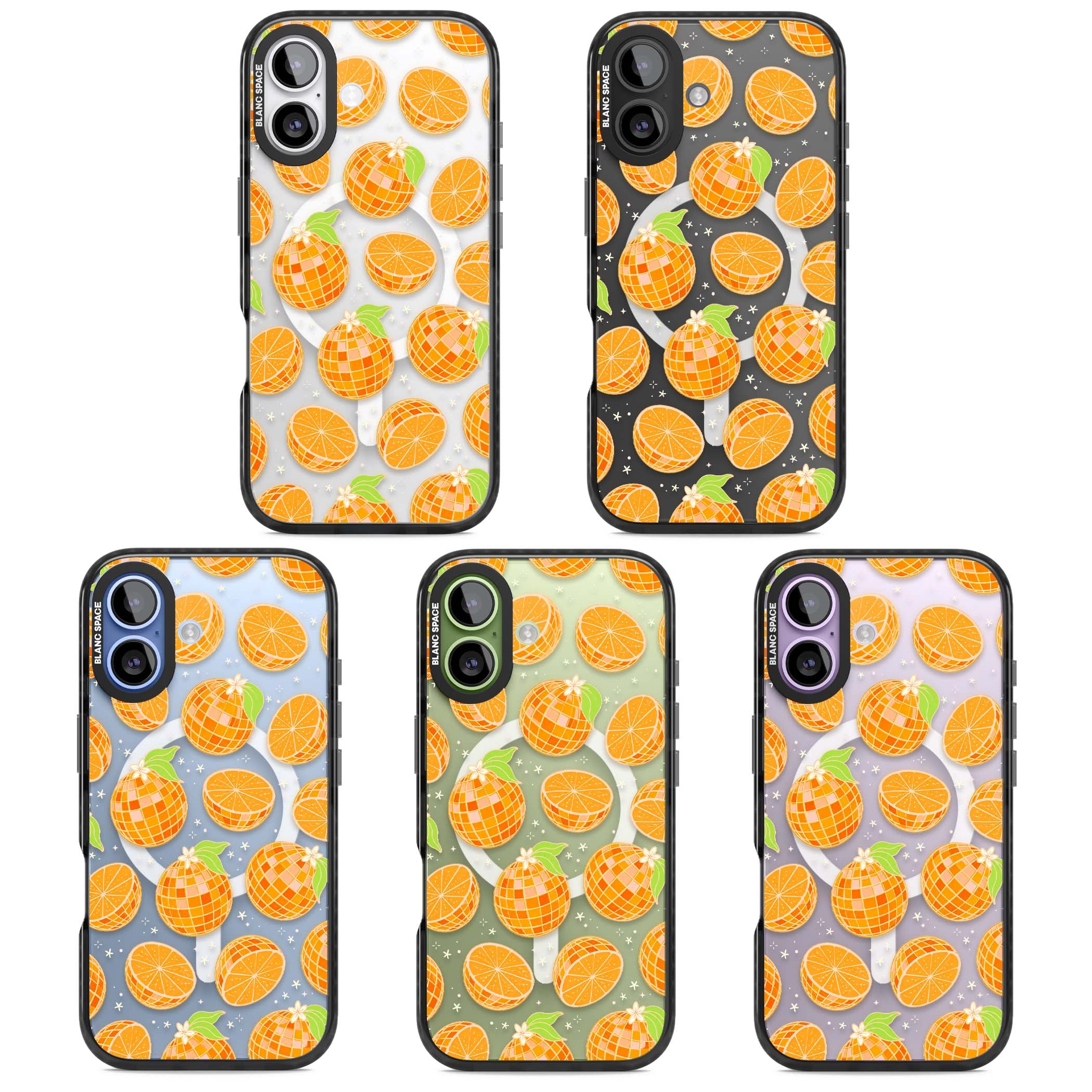 Disco Oranges retro iPhone case featuring mirrorball oranges, citrus slices and tiny blossoms on clear | Black Impact Magsafe case for iPhone 17