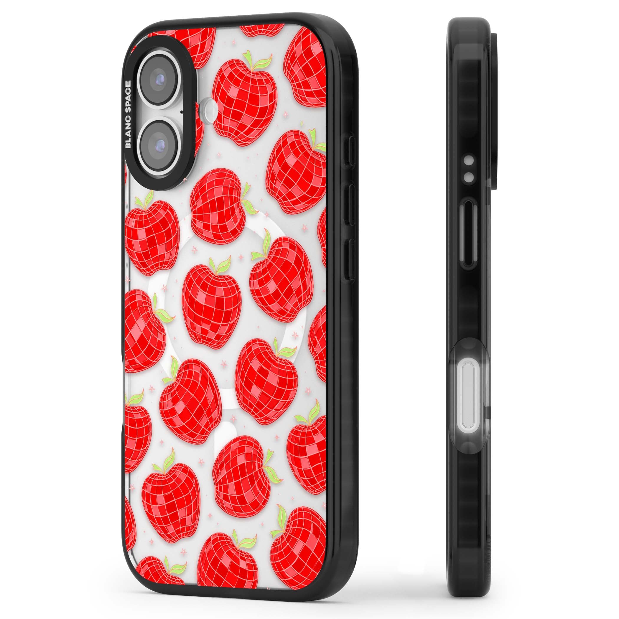 Disco Apples Y2K iPhone case featuring red disco ball apples, green leaves and pink sparkles on clear | Black Impact Magsafe case for iPhone 17