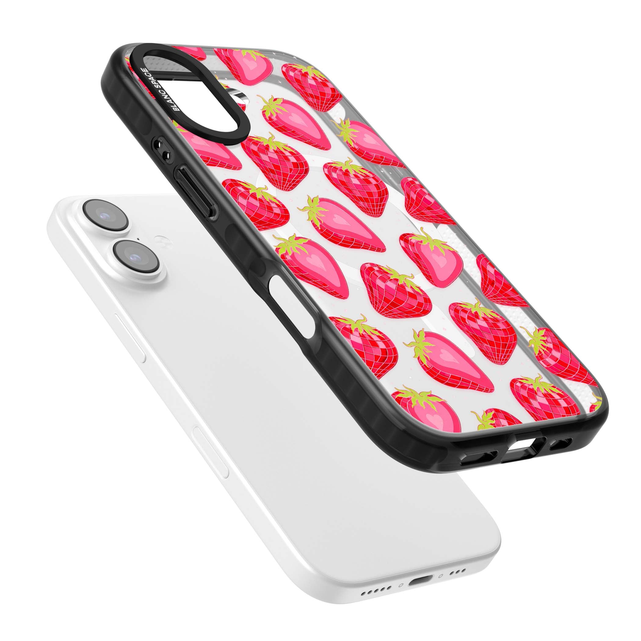 Disco Strawberry Y2K iPhone case featuring pink disco-ball strawberries, green leaves and tiny sparkles | Black Impact Magsafe case for iPhone 17
