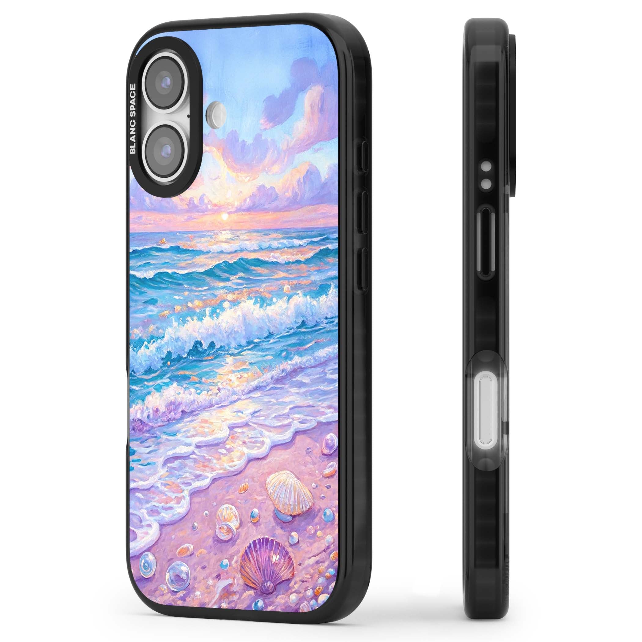 Pearl Shore coastal iPhone case featuring pastel painted waves, seashells, and a sunrise sky over a lavender beach. | Black Impact Magsafe case for iPhone 17