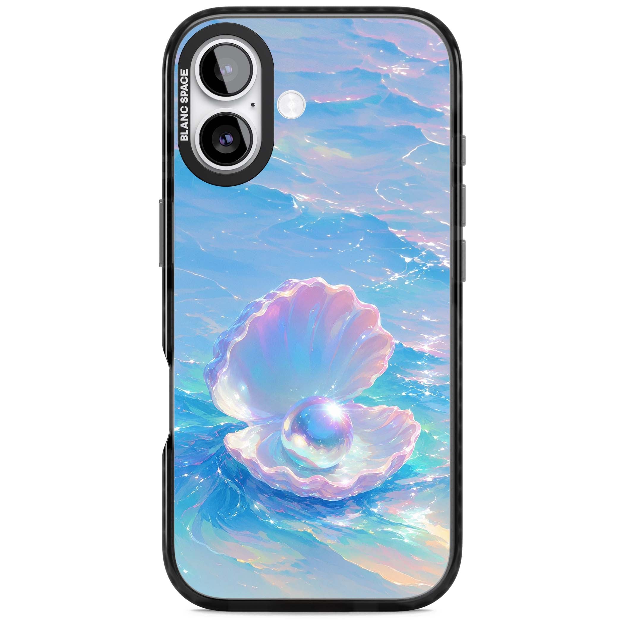 The Pearl Clam mermaidcore iPhone case featuring iridescent seashell, glowing pearl and pastel ocean waves | Black Impact Magsafe case for iPhone 17