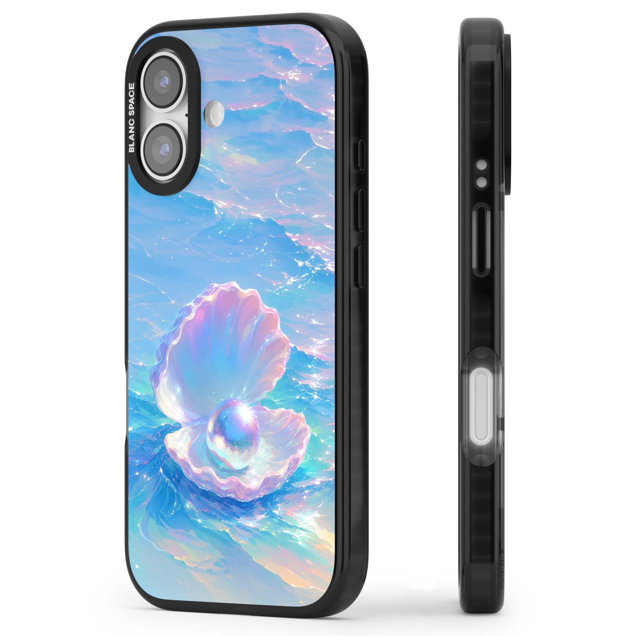 The Pearl Clam mermaidcore iPhone case featuring iridescent seashell, glowing pearl and pastel ocean waves | Black Impact Magsafe case for iPhone 17