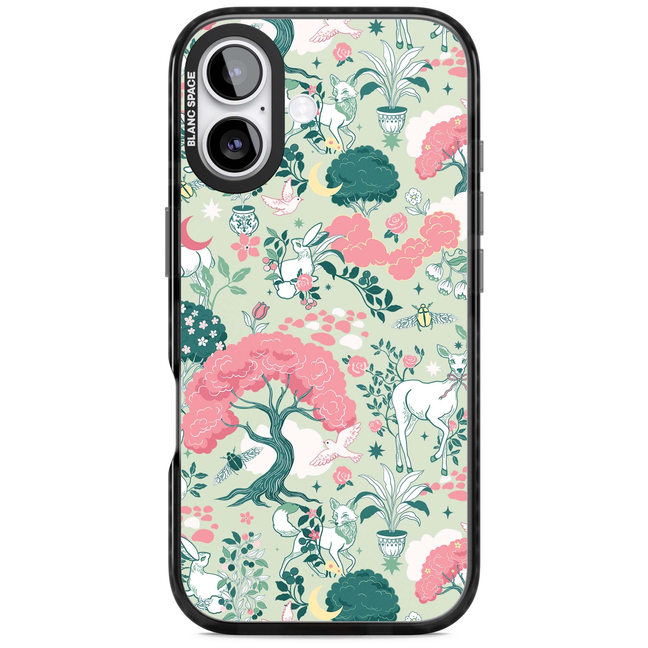 Enchanted Woodland cottagecore iPhone case featuring white deer, pink roses, mushrooms and woodland animals on sage green | Black Impact Magsafe case for iPhone 17