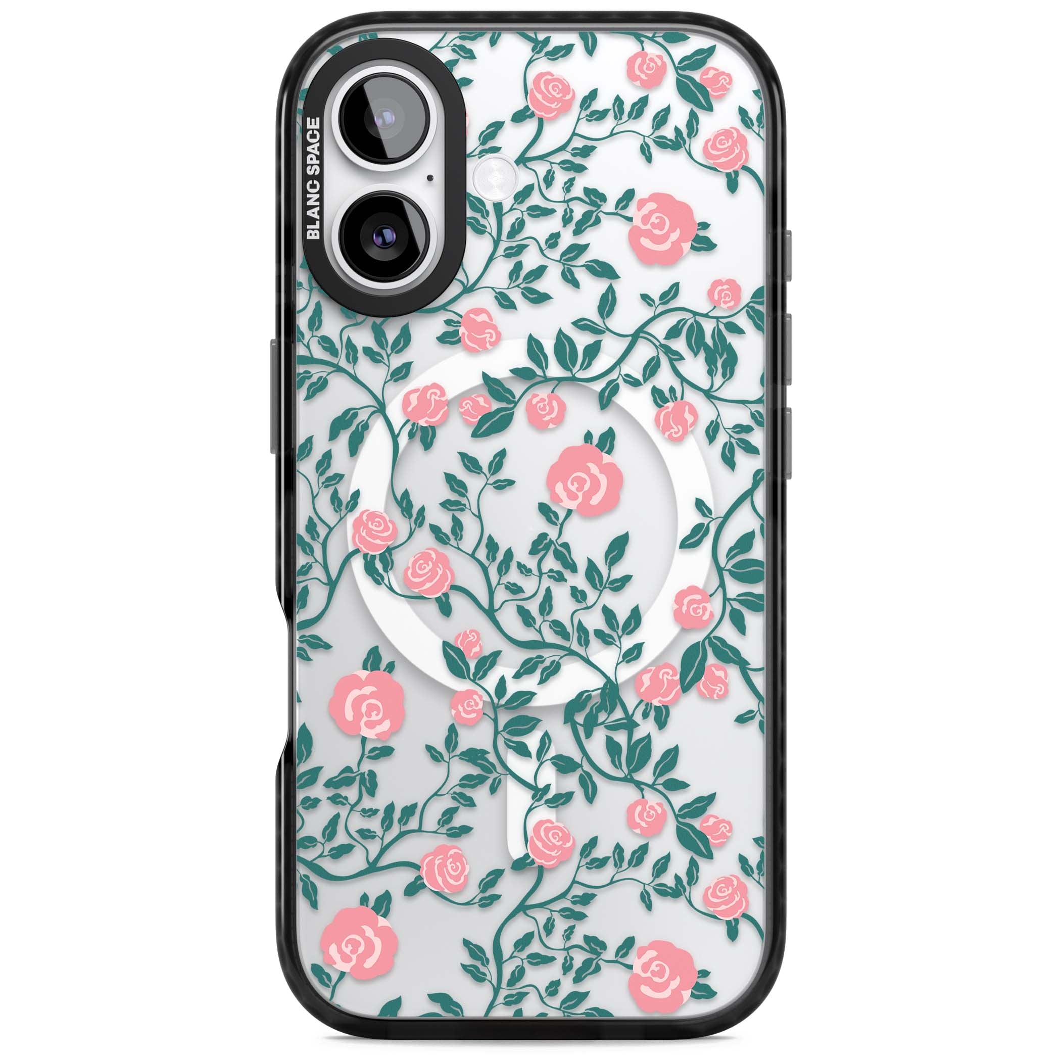 Rose Trellis (Clear) cottagecore iPhone case featuring pink climbing roses and green leaves on clear background | Black Impact Magsafe case for iPhone 17