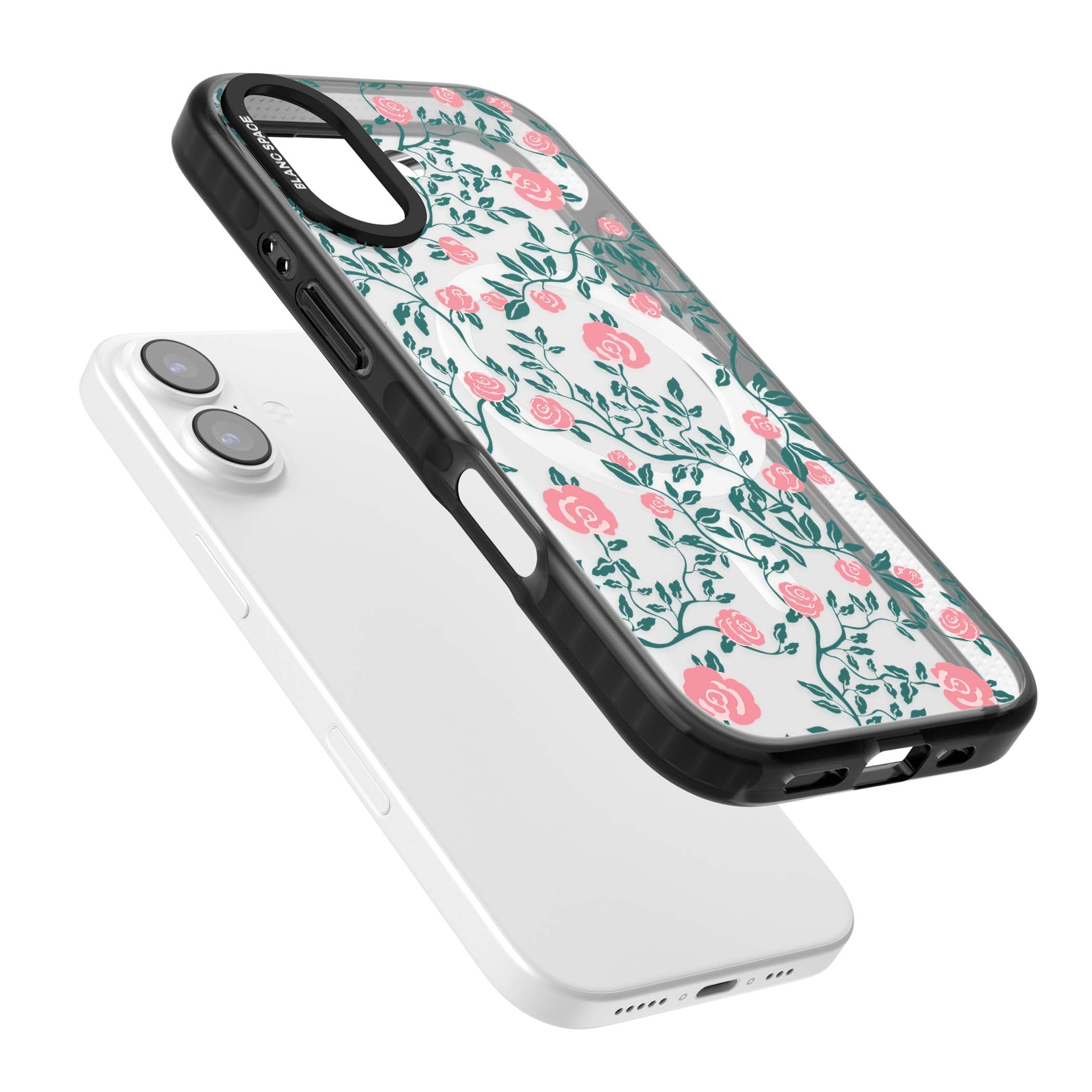 Rose Trellis (Clear) cottagecore iPhone case featuring pink climbing roses and green leaves on clear background | Black Impact Magsafe case for iPhone 17