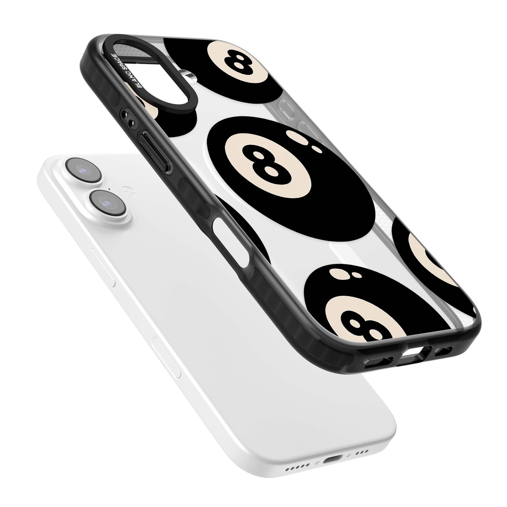 Eights y2k iPhone case featuring scattered black 8 balls with cream highlights on a clear background | Black Impact Magsafe case for iPhone 17
