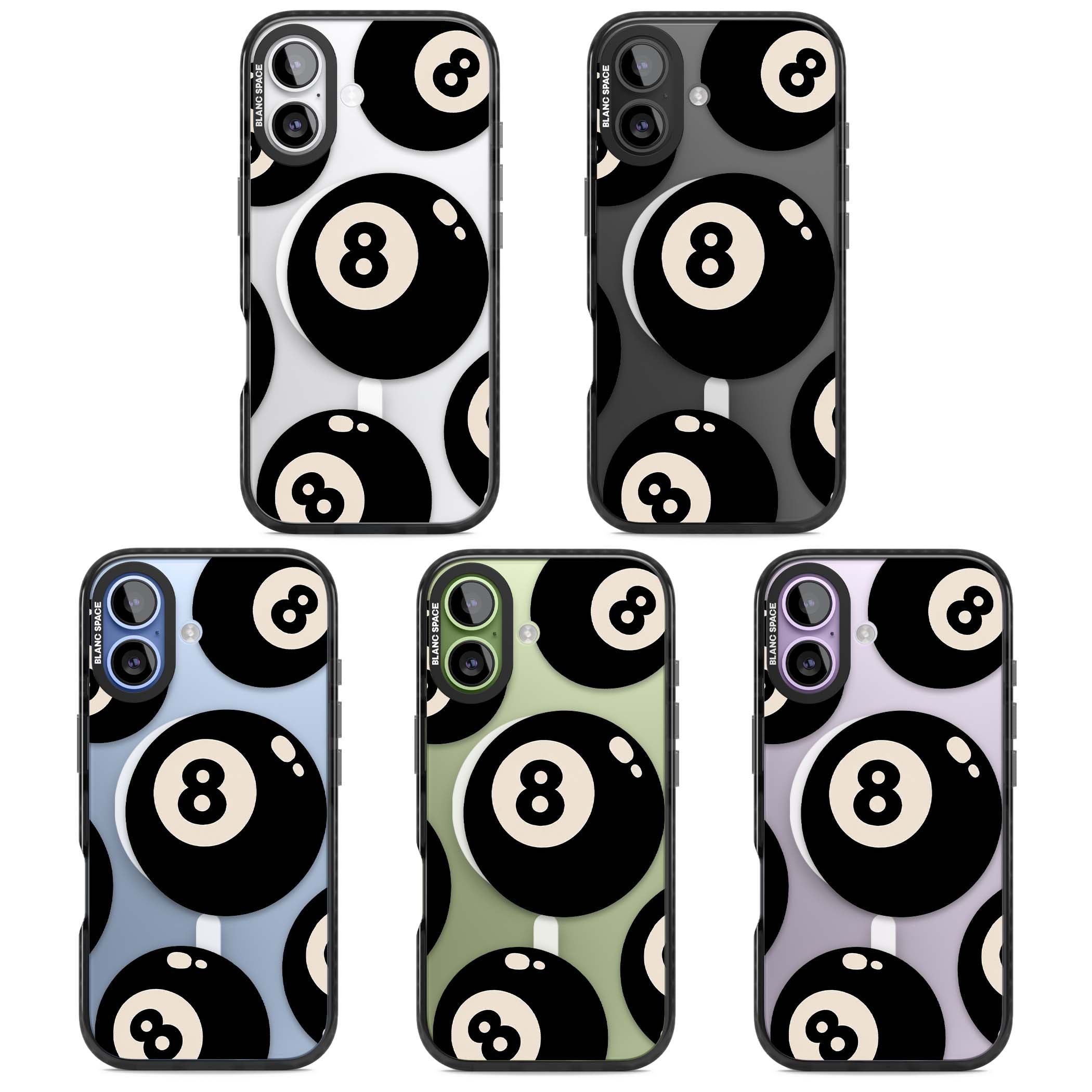Eights y2k iPhone case featuring scattered black 8 balls with cream highlights on a clear background | Black Impact Magsafe case for iPhone 17