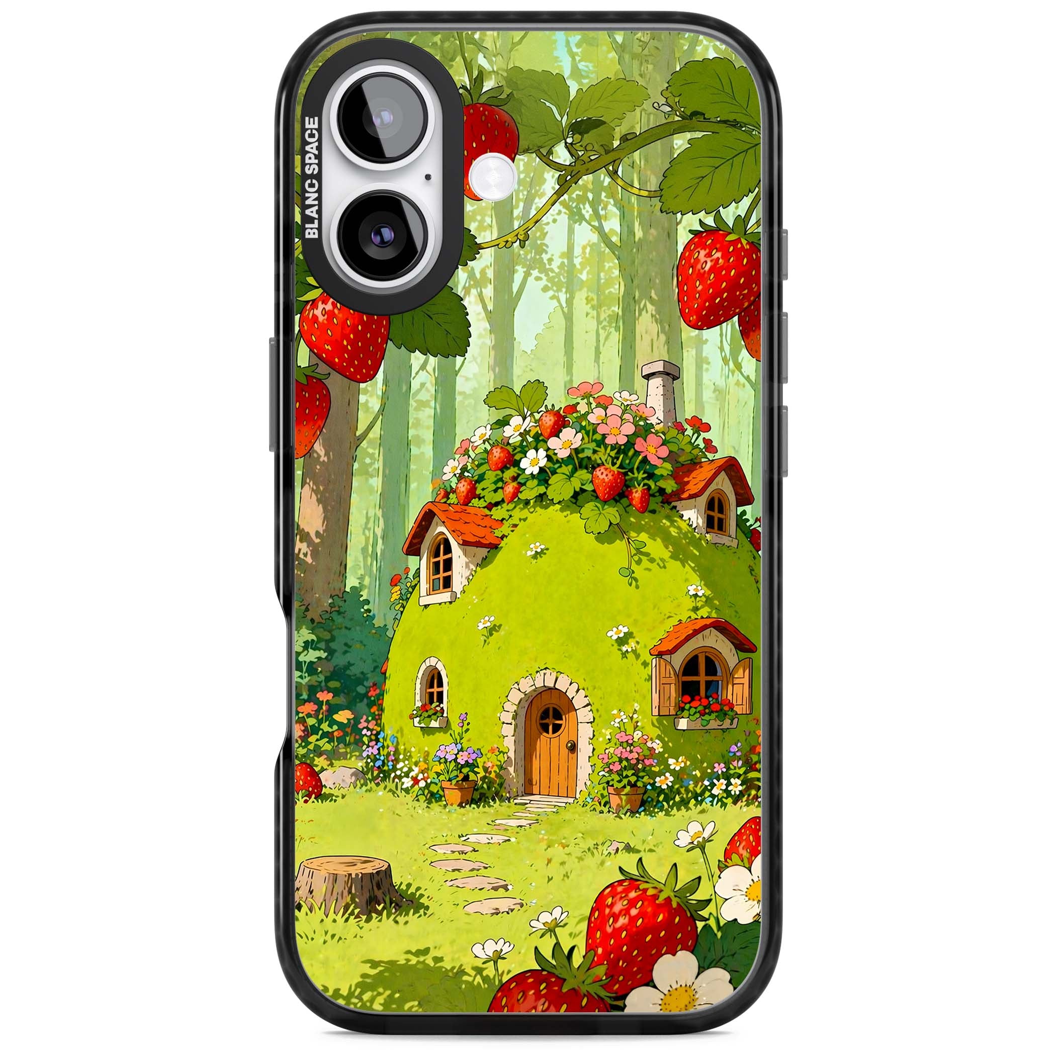 Strawberry Cottage cottagecore iPhone case featuring a green fairy house, wild strawberries and enchanted forest flowers | Black Impact Magsafe case for iPhone 17