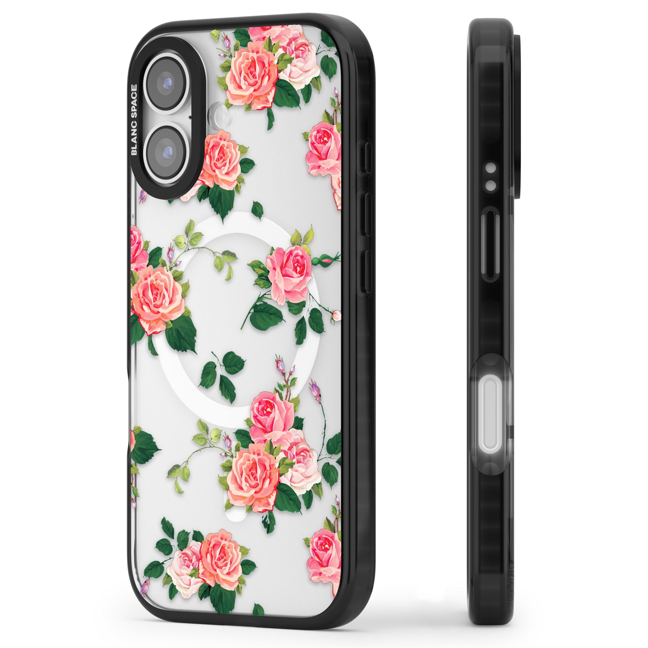 Pink Roses iPhone 17 Impact Pro Black Phone Case Side Profile