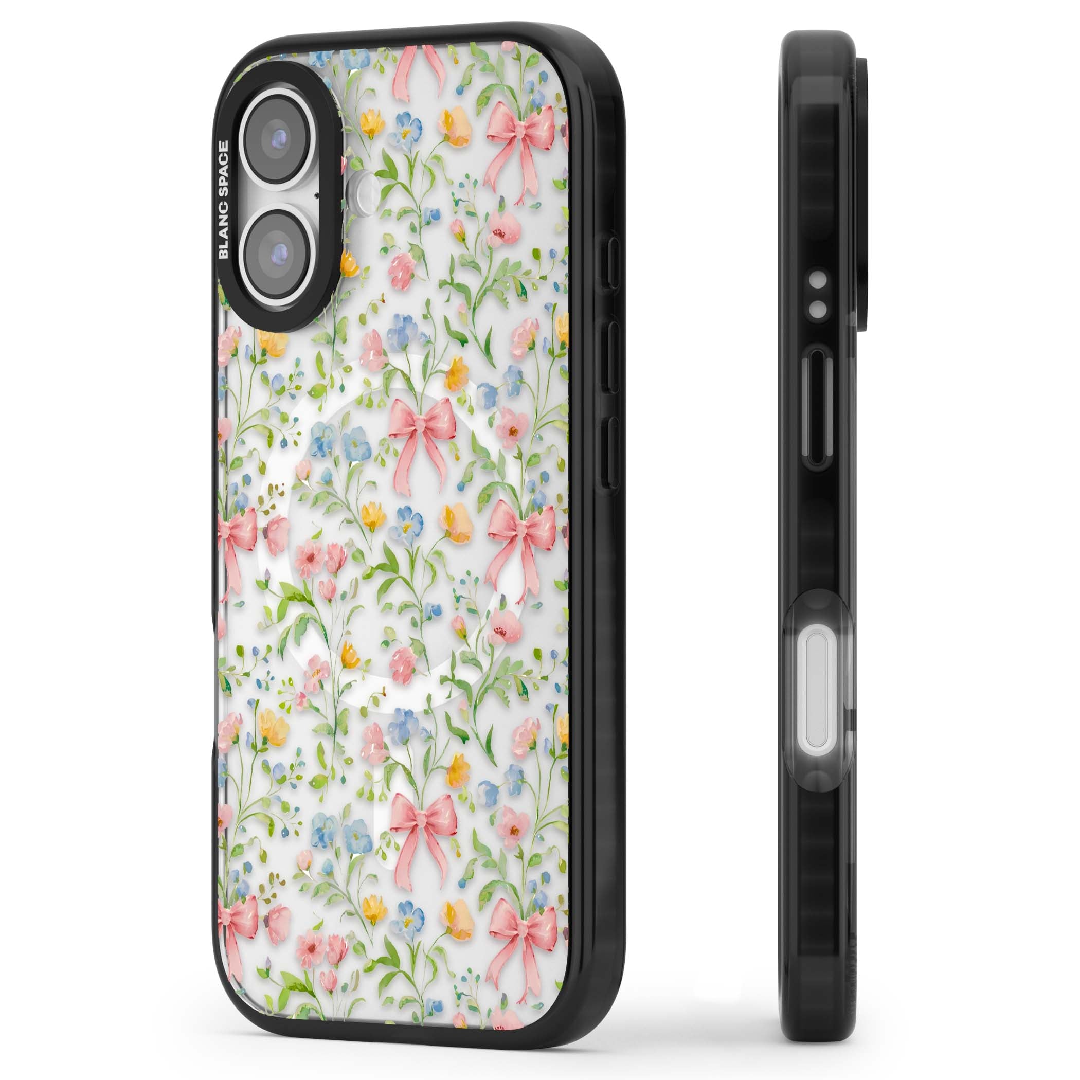 Ribbons & Wildflowers cottagecore iPhone case featuring watercolor wildflowers, pink satin bows, and delicate spring blooms o | Black Impact Magsafe case for iPhone 17