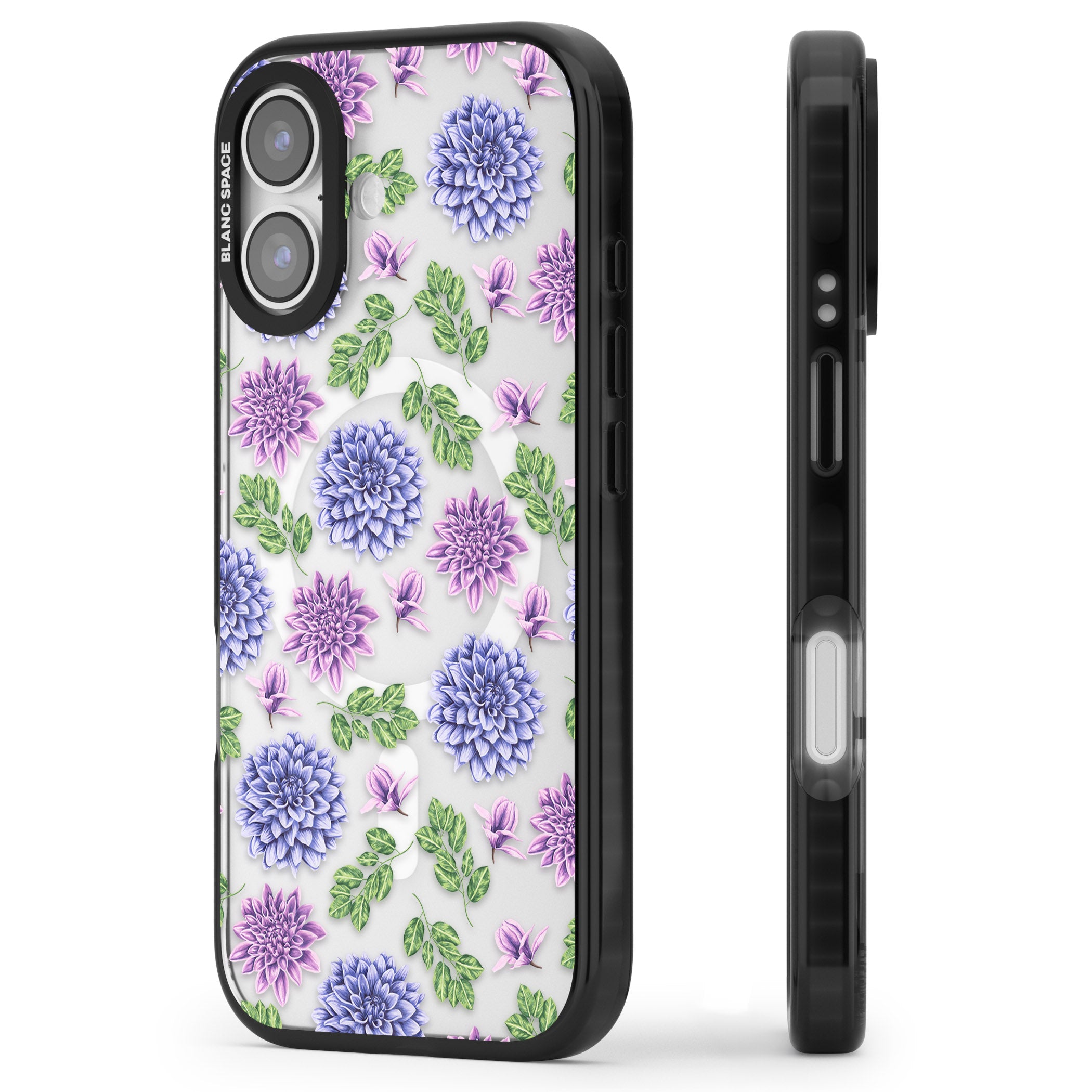 Purple Dahlias Floral iPhone 17 Impact Pro Black Phone Case Side Profile