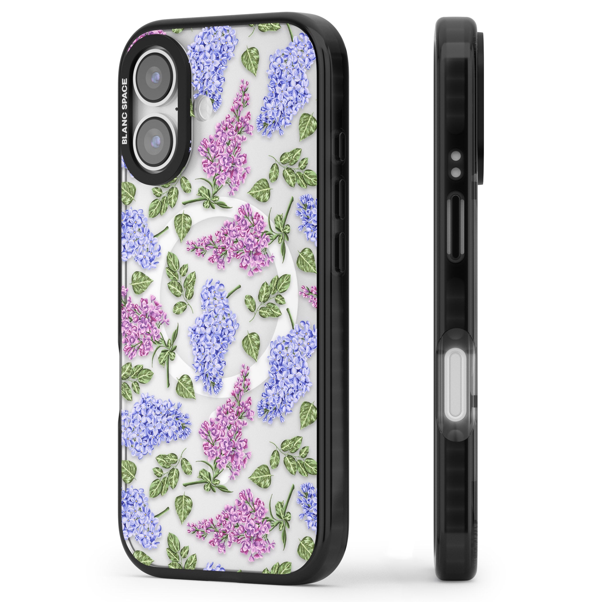 Purple Blossoms Transparent Floral iPhone 17 Impact Pro Black Phone Case Side Profile