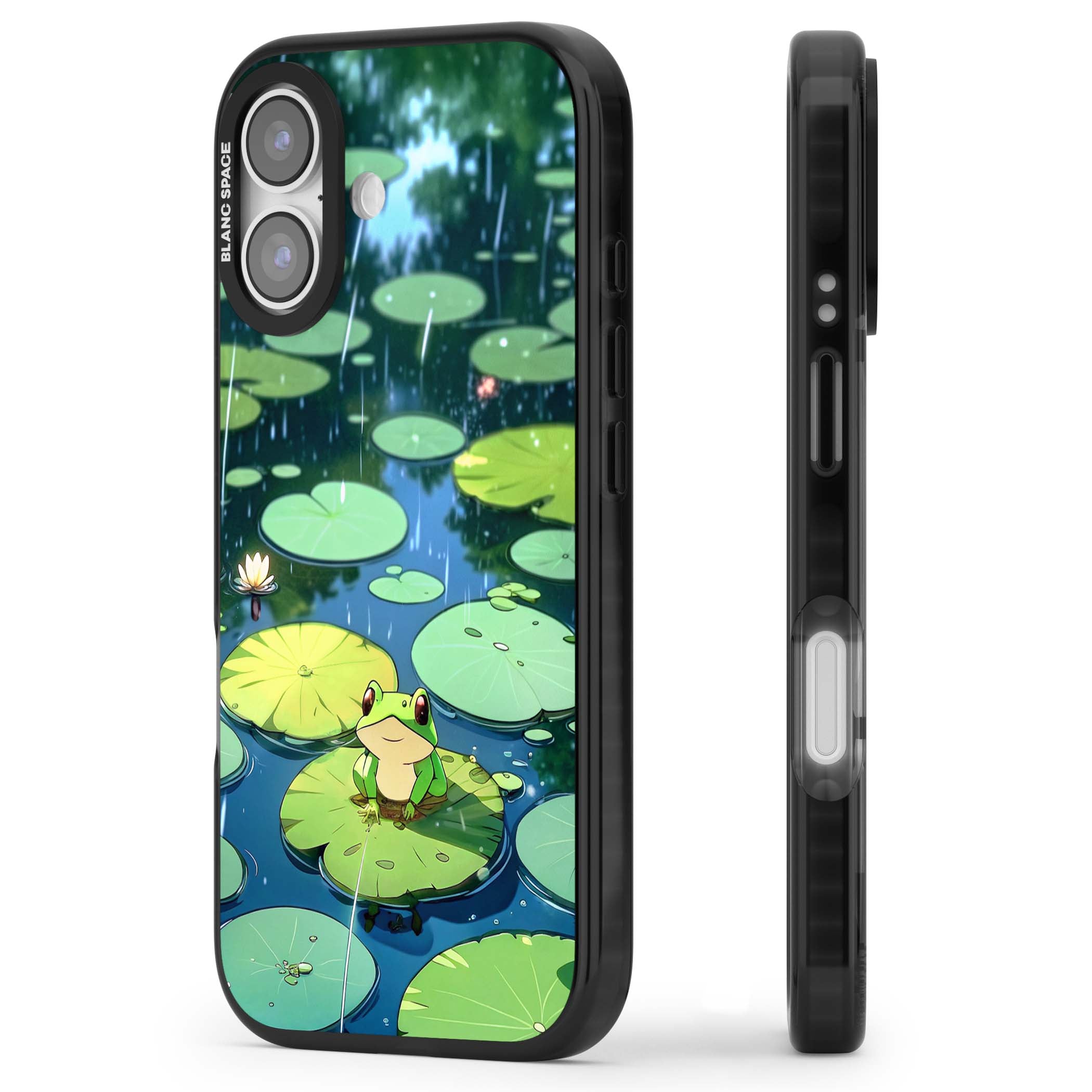 Frog In Lily Pond cottagecore iPhone case featuring a cute green frog on a lily pad with falling rain and a lotus flower | Black Impact Magsafe case for iPhone 17