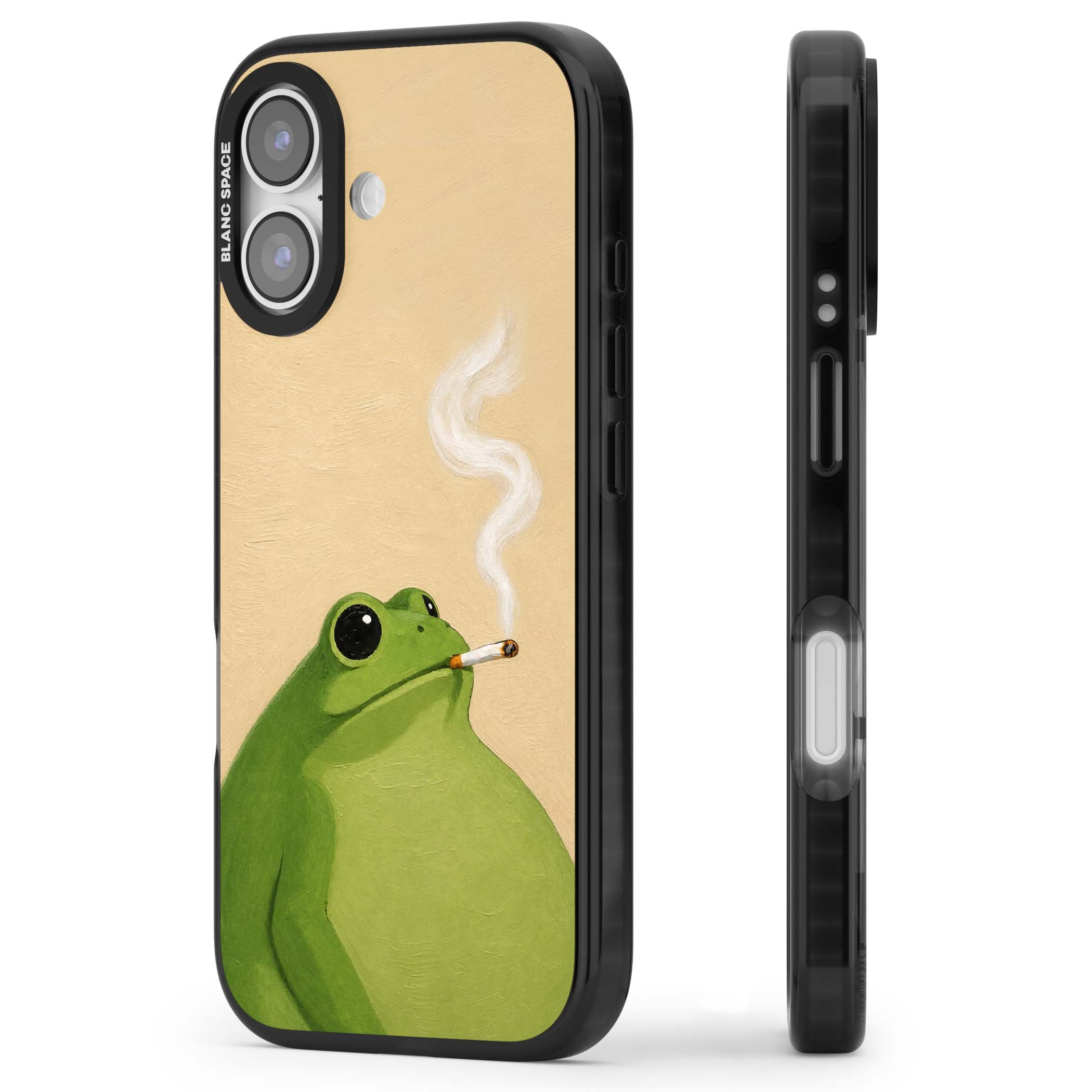 The Smoking Frog cottagecore iPhone case featuring a hand-painted green frog smoking a cigarette on a cream oil painting back | Black Impact Magsafe case for iPhone 17